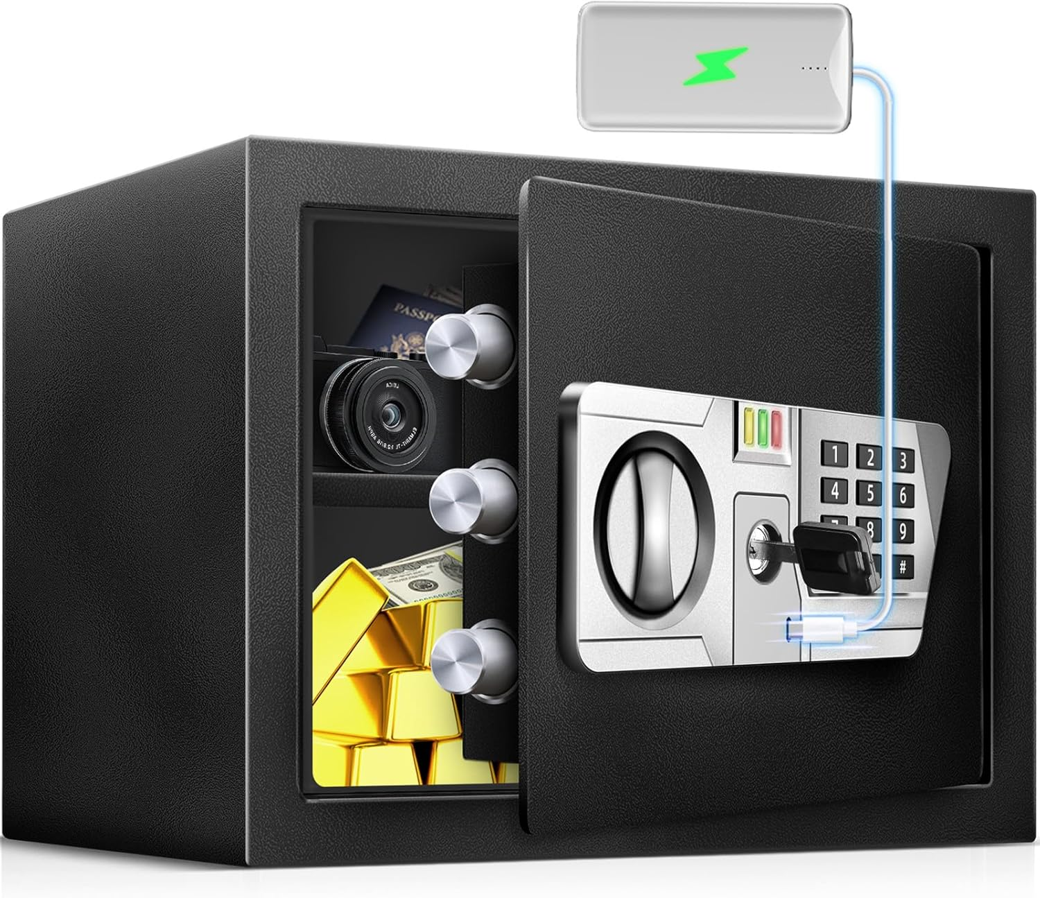 1.5 Cu Ft Small Fireproof Safe Box for Home Documents with Type-C External Power - Steel Security Safe Lock Box with Electronic Keypad, LED Sensor Light- Safety Box for Cash, Jewelry