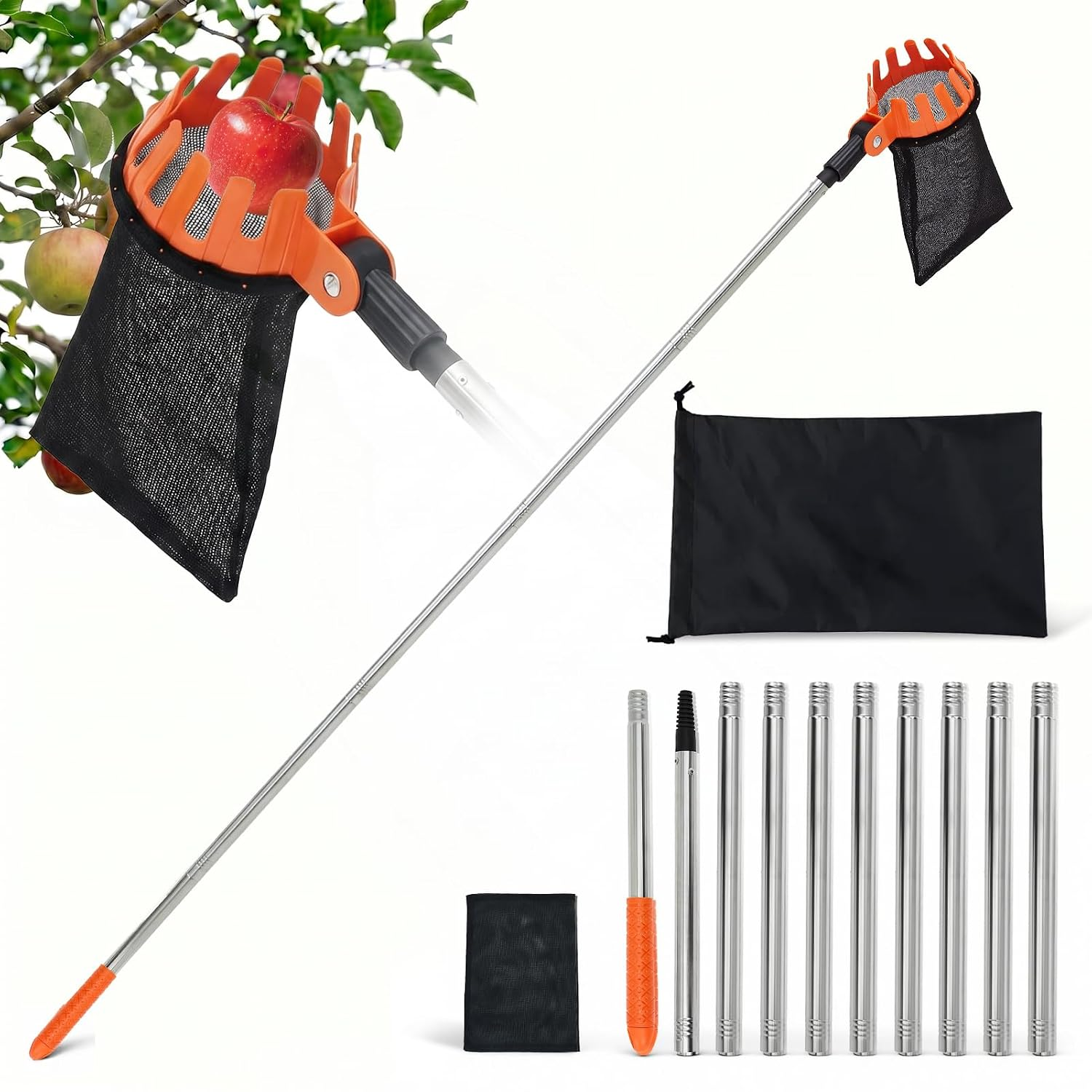 Fruit Picker Tool 4M Telescopic Pole Stainless Steel Apple Cherry Tree Harvester