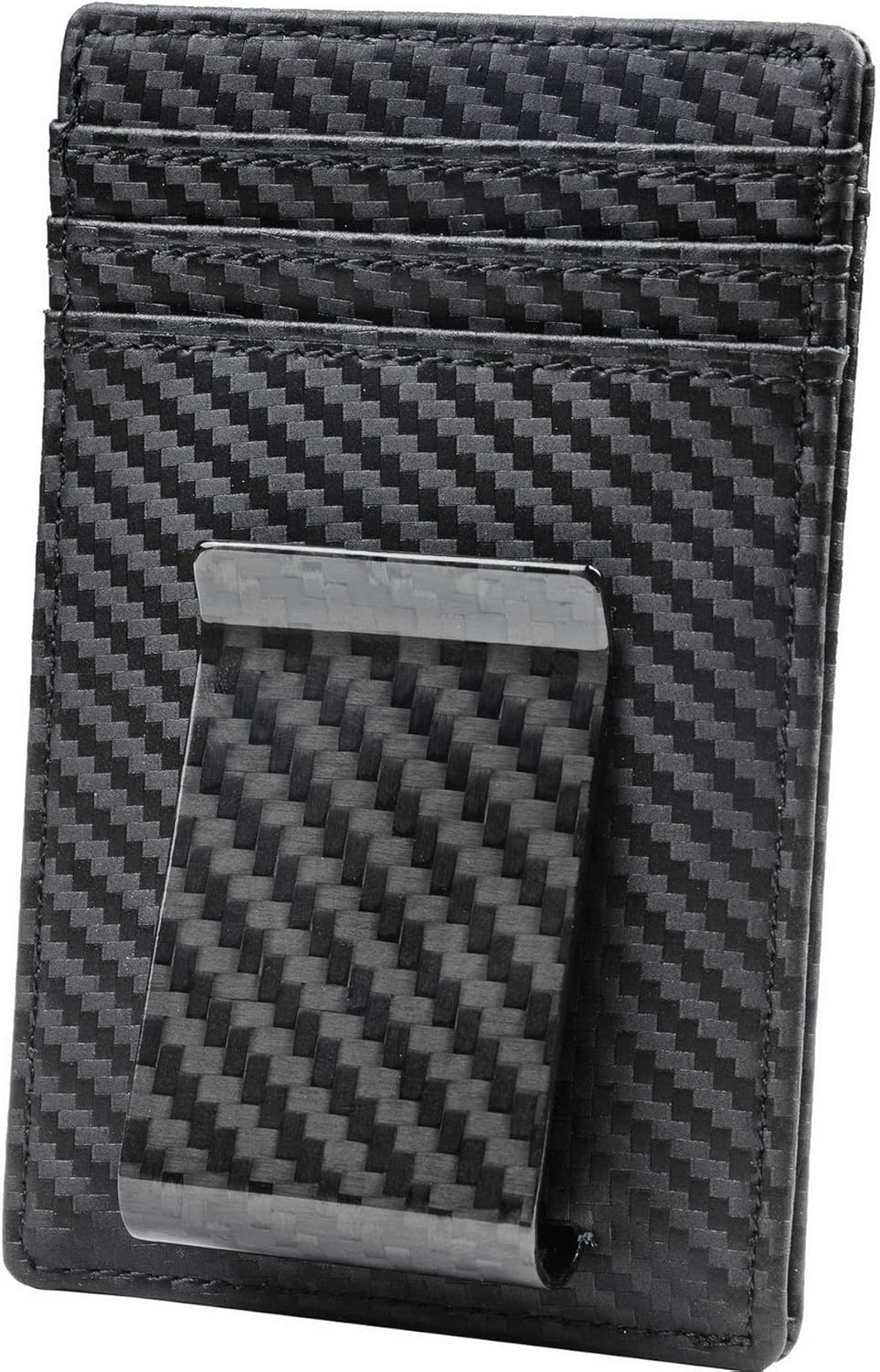 Travelambo Money Clip for Men Carbon Fiber Clip Wallet Leather Slim Minimalist Card Holder RFID Blocking (Weaved Black)