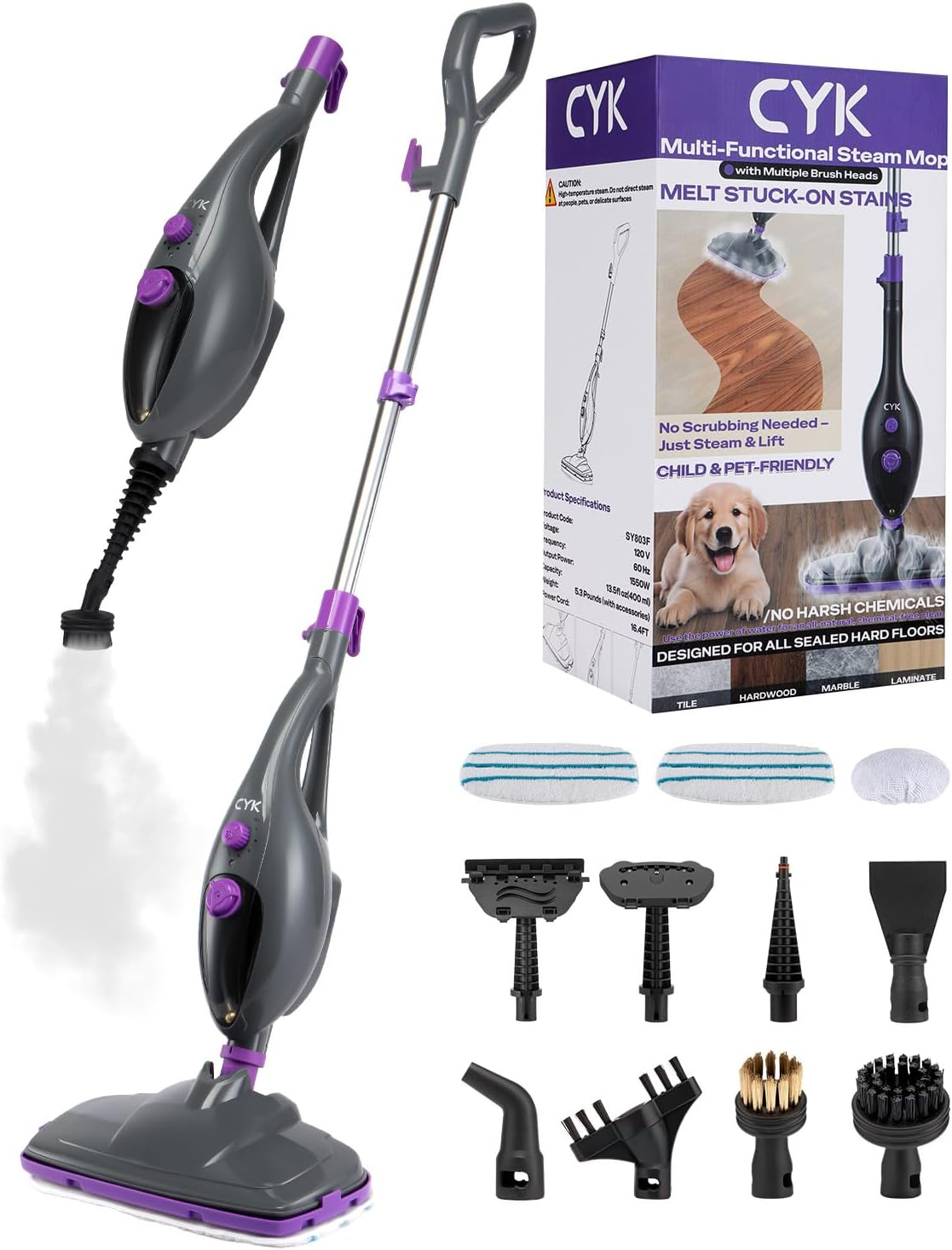 CYK Steam Mops for Floor Cleaning, 12 in 1 Handheld Steam Cleaner for Home, Floor Steamer for Hardwood Floors and Tile (Purple-Grey)