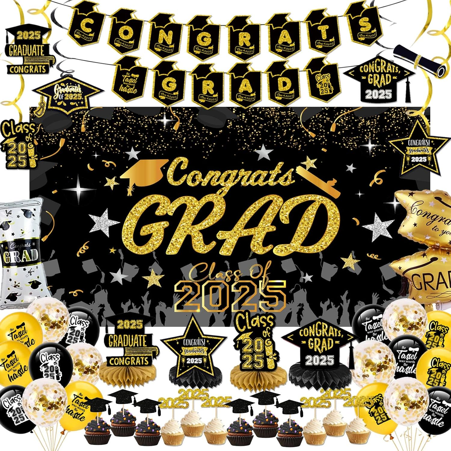 Graduation Decorations 2025-Black and Gold Graduation Party Decorations Supplies Class of 2025 with Banner, Backdrop, Balloons, Centerpieces, Cupcake Toppers, Hanging Swirl for Grad Party