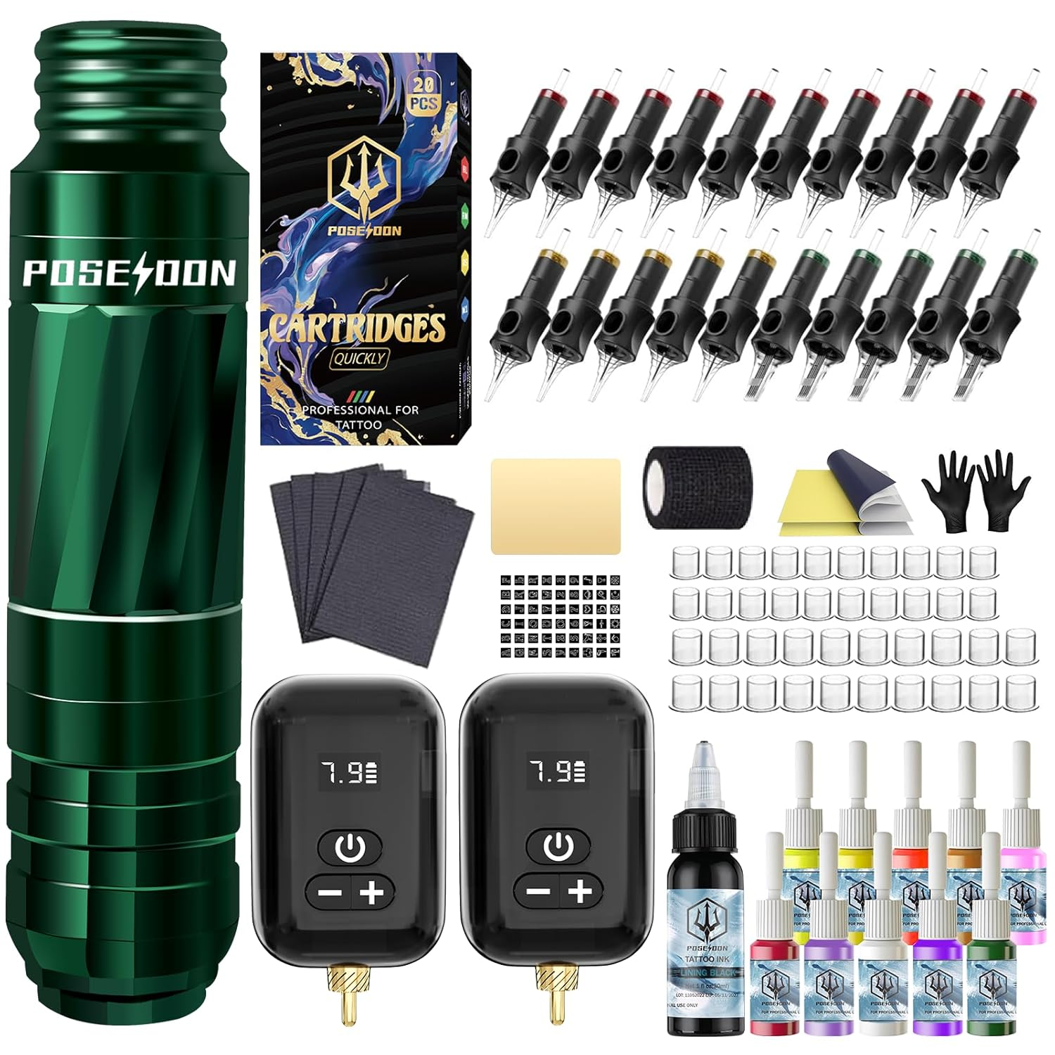 POSEIDON Tattoo Kit Tattoo Gun Kit with 2Pcs 1500Mah Battery Tattoo Machine Kit with 20Pcs Tattoo Cartridge Needle 11Pcs Inks Complete Tattoo Supplies for Beginner