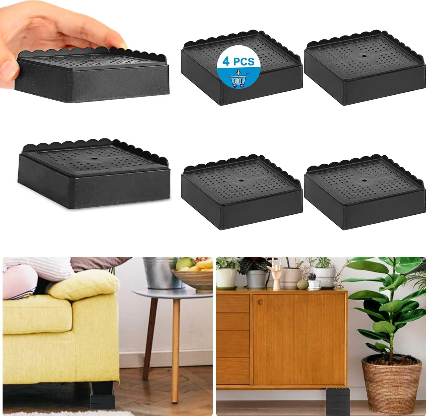 Bed Risers 1 Inch, 2 Inch, 3 Inch, 4 Inch Heavy Duty, Adjustable Furniture Riser for Table Desk Couch Sofa Chair Recliner Leg Frame Dorm, Stackable Bed Raisers Blocks (Black 4 Pack, 1 Inch)
