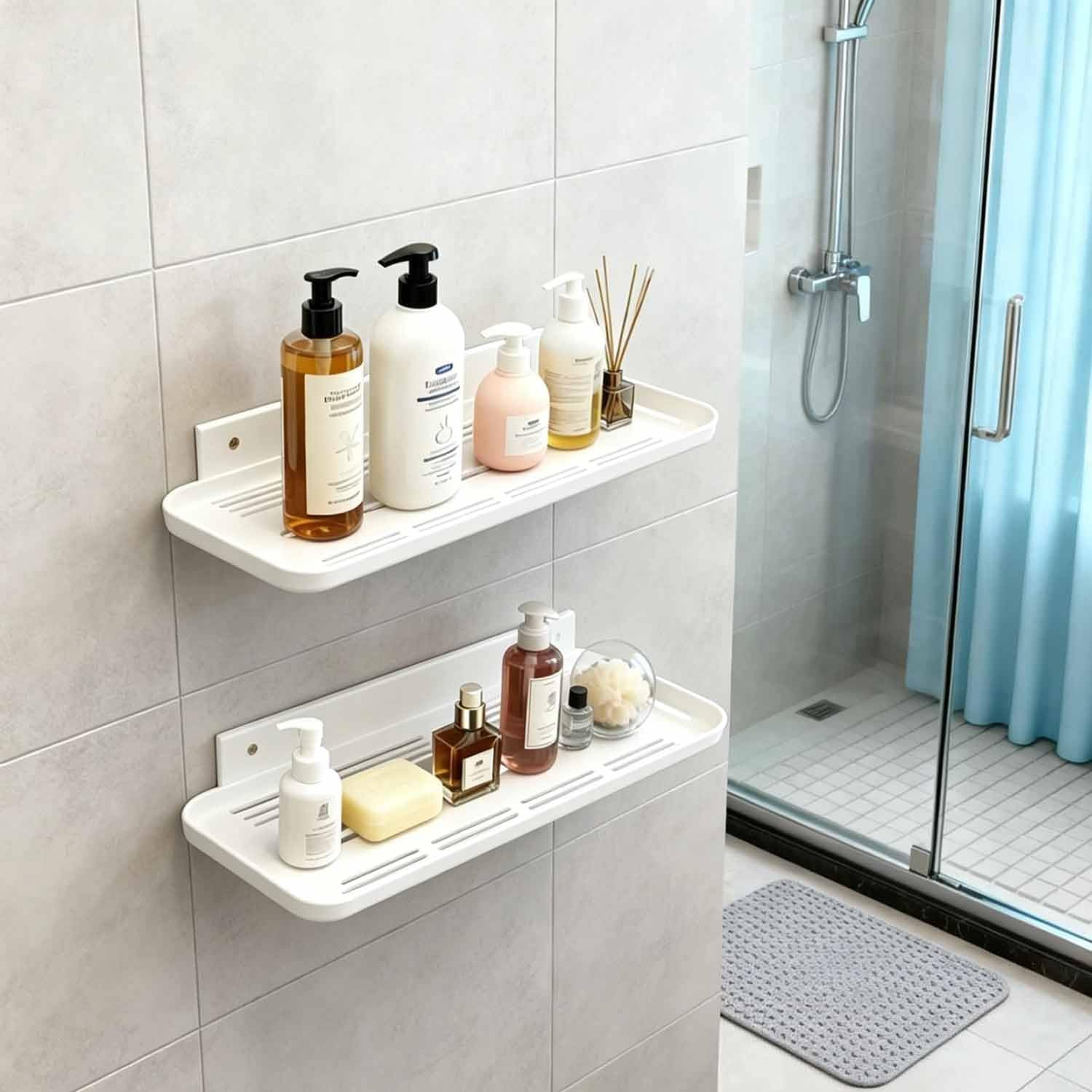 Wall Mounted Floating Shelf, Self Adhesive Shelf, No Drill Adhesive Wall Shelf, Floating Shelves Damage-Free Expand Walls Space for Living Room Kitchen Bathroom (2, White)