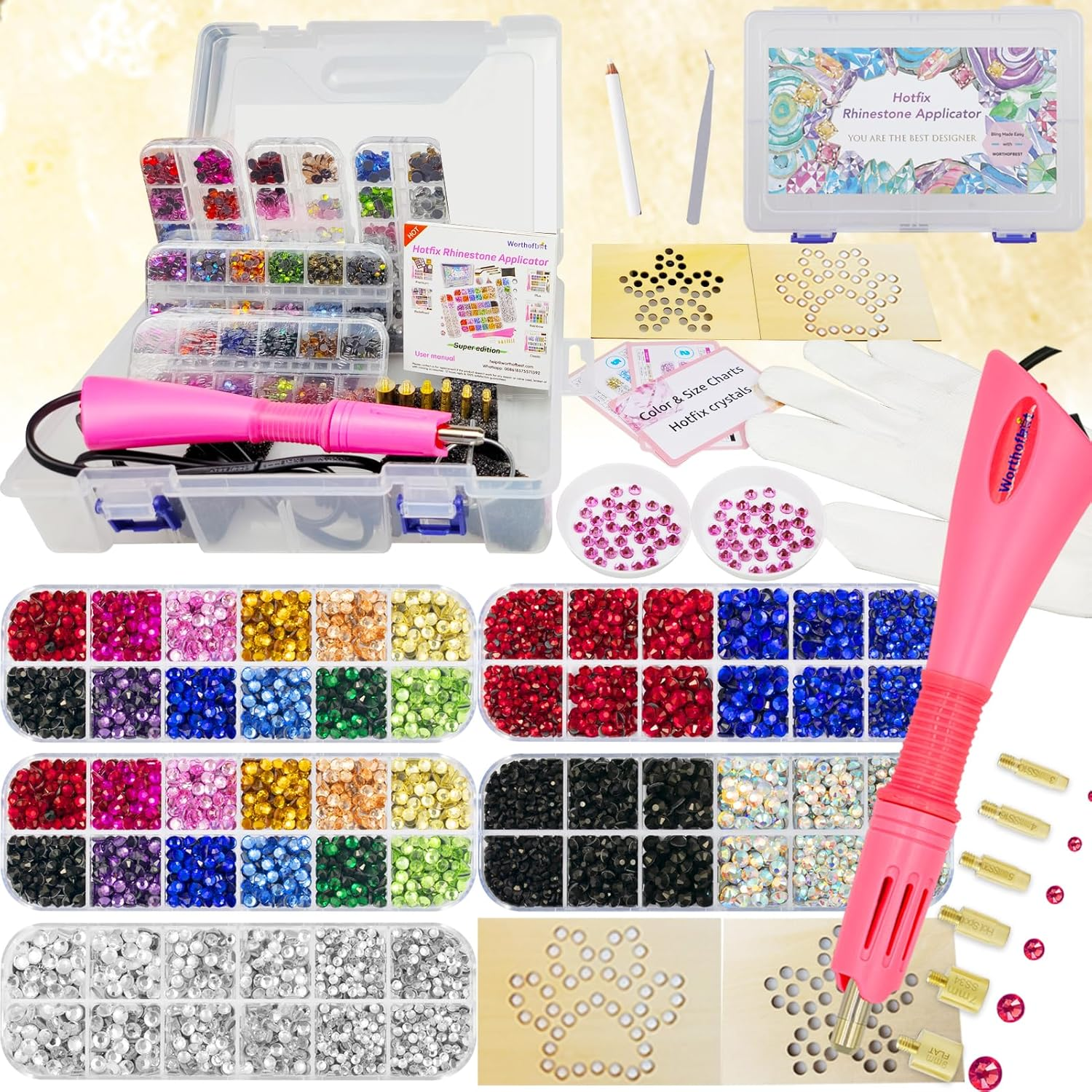 Hot Fix Rhinestone Applicator Tool Kit, 8600Pcs 3/4/5Mm Glass Hotfix Rhinestones, Rhinestone Setter with Tips Stand Trays Glove Templates Tweezers Gem Picker for Clothes Fabric DIY Crafts