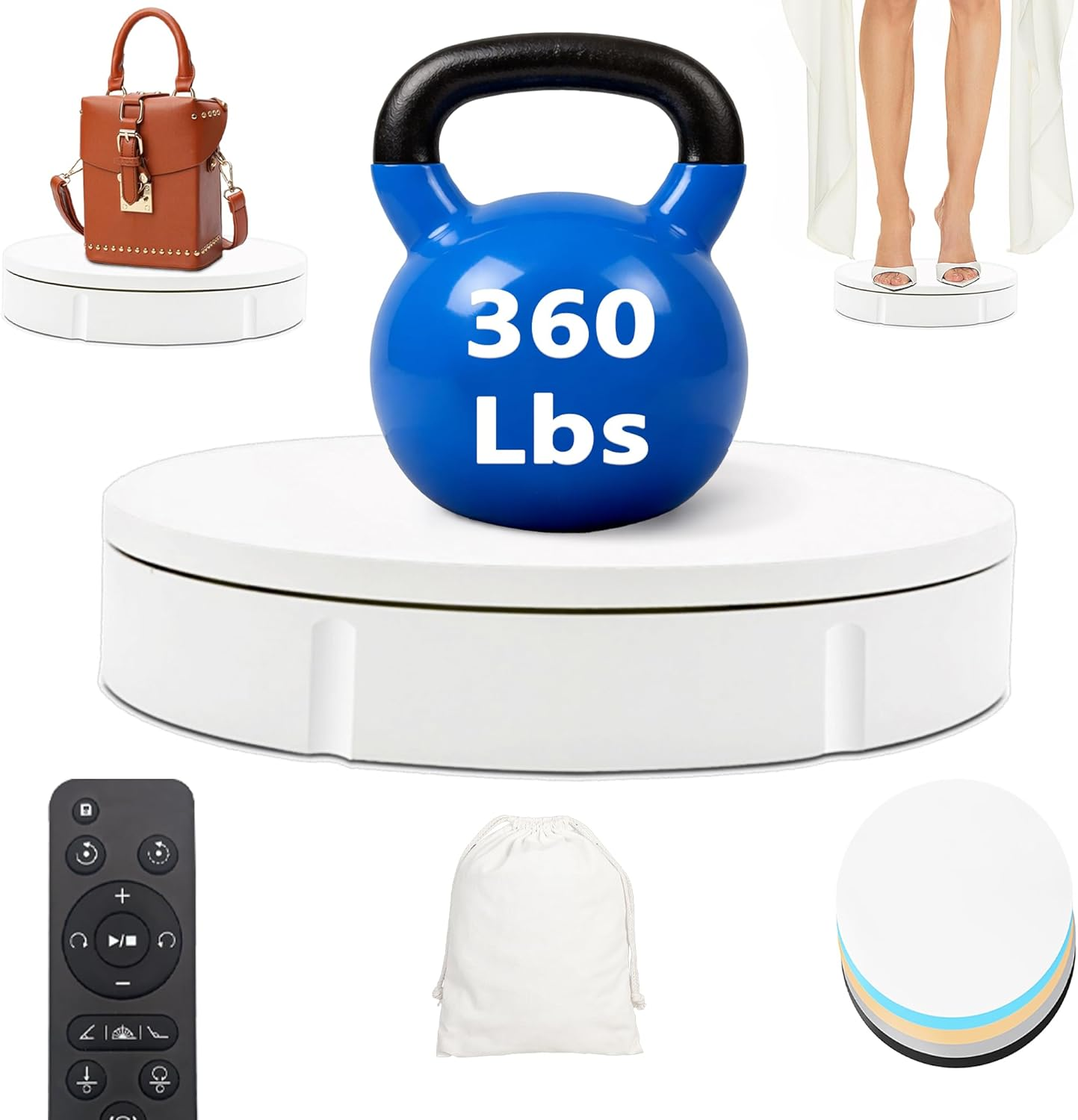Rotating Display Stand 360Lbs Capacity, 360 Degree Rotating Turntable 12 Inch, Turntable for Photography, Automatic Remote Control Display Platform with 5 Colour Surface Covers and Carry Bag