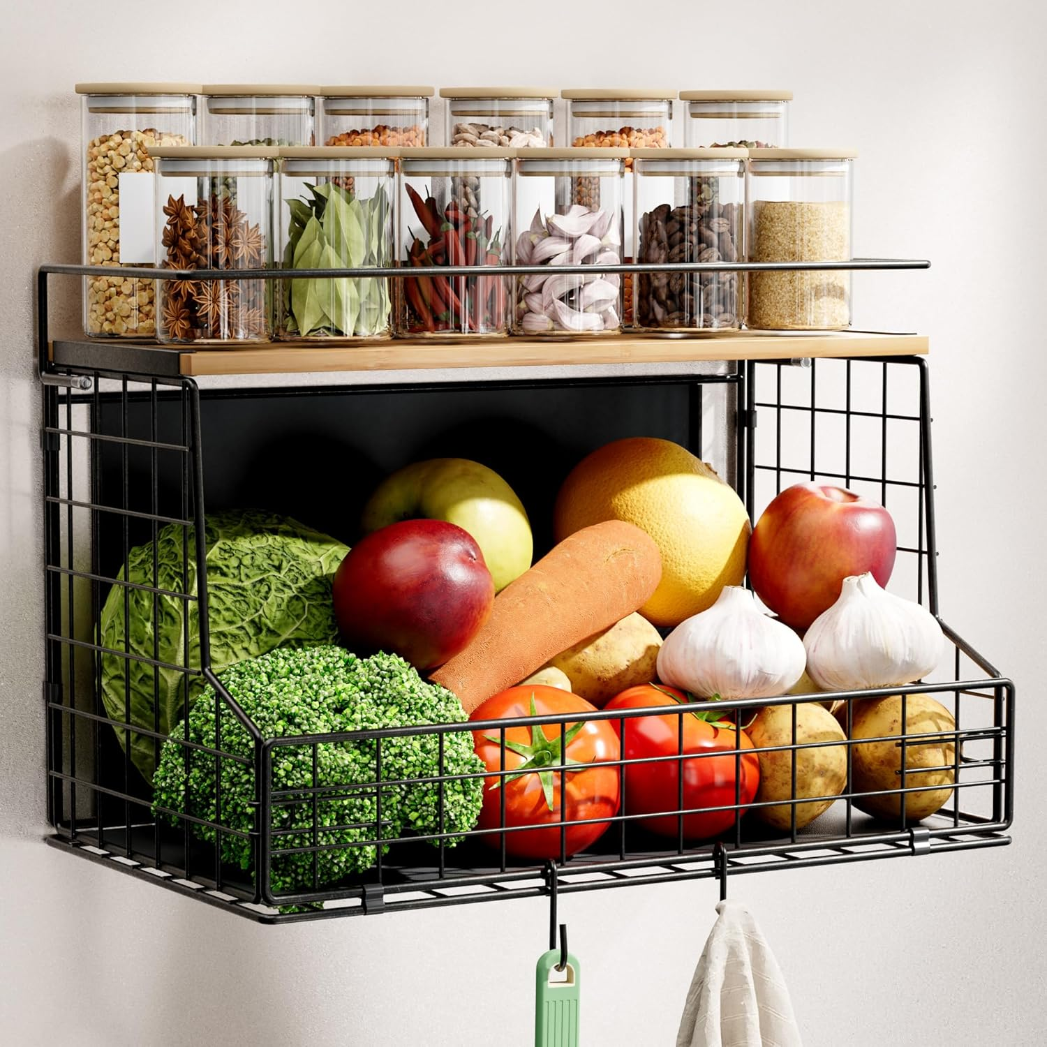 Magnetic Shelf for Fridge, Large Container Magnetic Spice Rack for Refrigerator, Fruit Potato and Onion Storage Bins, Magnetic Basket with Wood Lid, Kitchen Counter, Cabinet