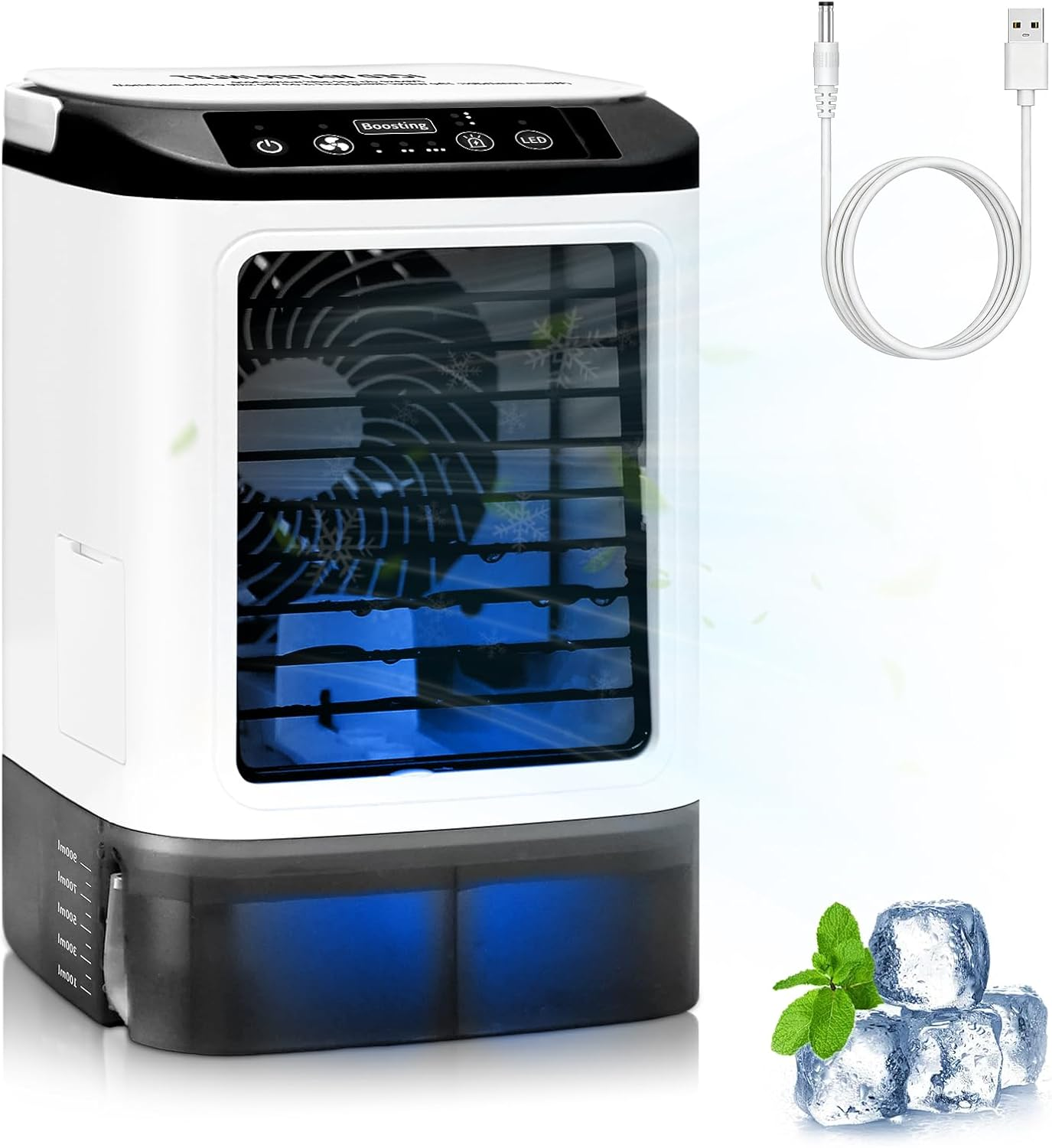 Mini Air Conditioners,3-In 1 Rechargeable Evaporative Air Cooler with Ice Box/900Ml Water Tank,3 Speed and 2 Sprays,7 Colors LED Personal Cooling Fan for Desktop,Home,Room,Outdoor (White)