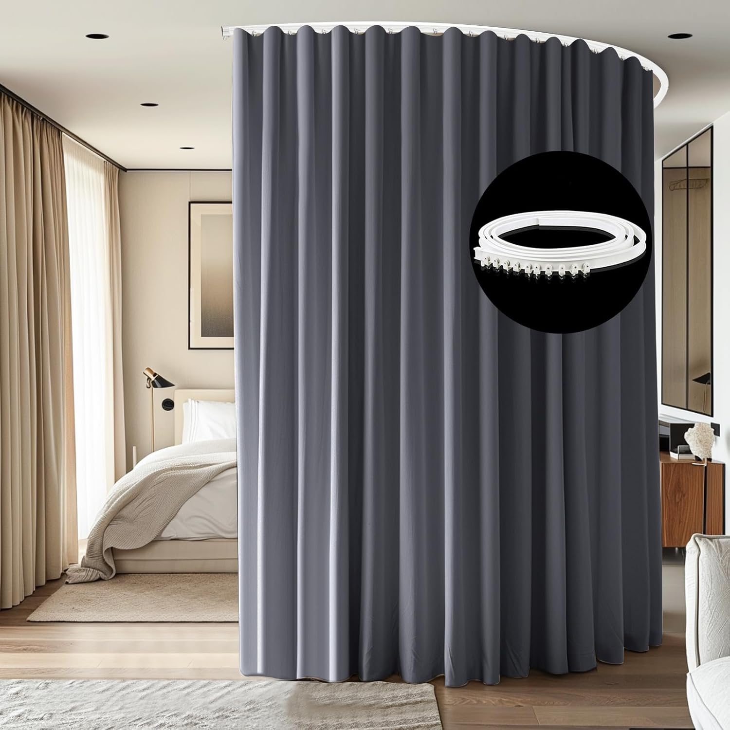 Room Divider Ceiling Mounted Curtains Track Sets Extra Wide Blackout Curtain Flexible Tracks for Bedroom Privacy Partition Separator, 1 Panel Grey Drape and White Rail, W8.3 X H7Ft