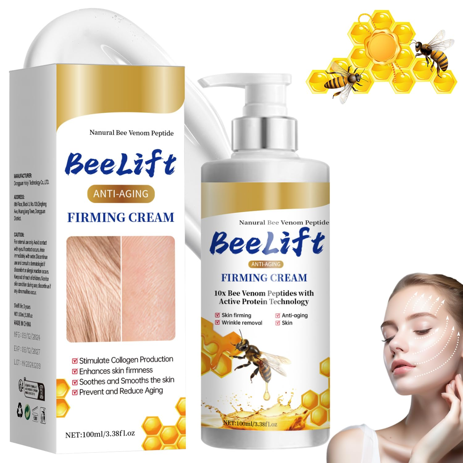 Beelift Anti-Aging Firming Cream, Bee Lift Firming Cream, Bee Venom Wrinkle Removal Cream, Bee Venom Skin Firming Cream, 24-Hour Moisturizing Body Cream, Natural anti Wrinkle Cream for All Skin Types