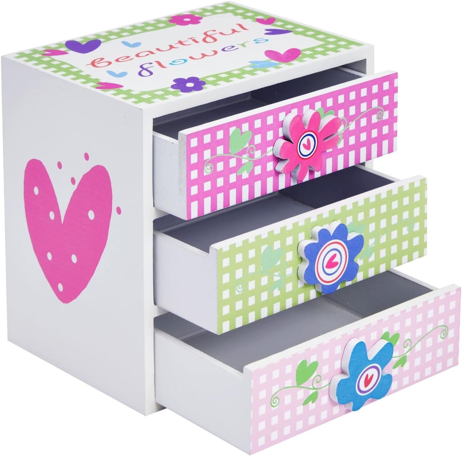 Juvale Small Floral Jewelry Box for Little Girls Aged 4 to 13 - Kids Wooden Organizer with 3 Drawers for Necklaces and Earrings