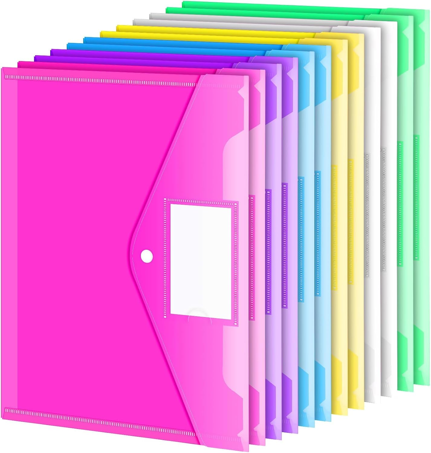 12 Pack Folders Plastic Envelopes with Snap Closure, Clear Plastic File Folder for Document, Letter A4 Size Poly File Envelopes with Label Pocket for Home Work Office Organizer, 5 Colors