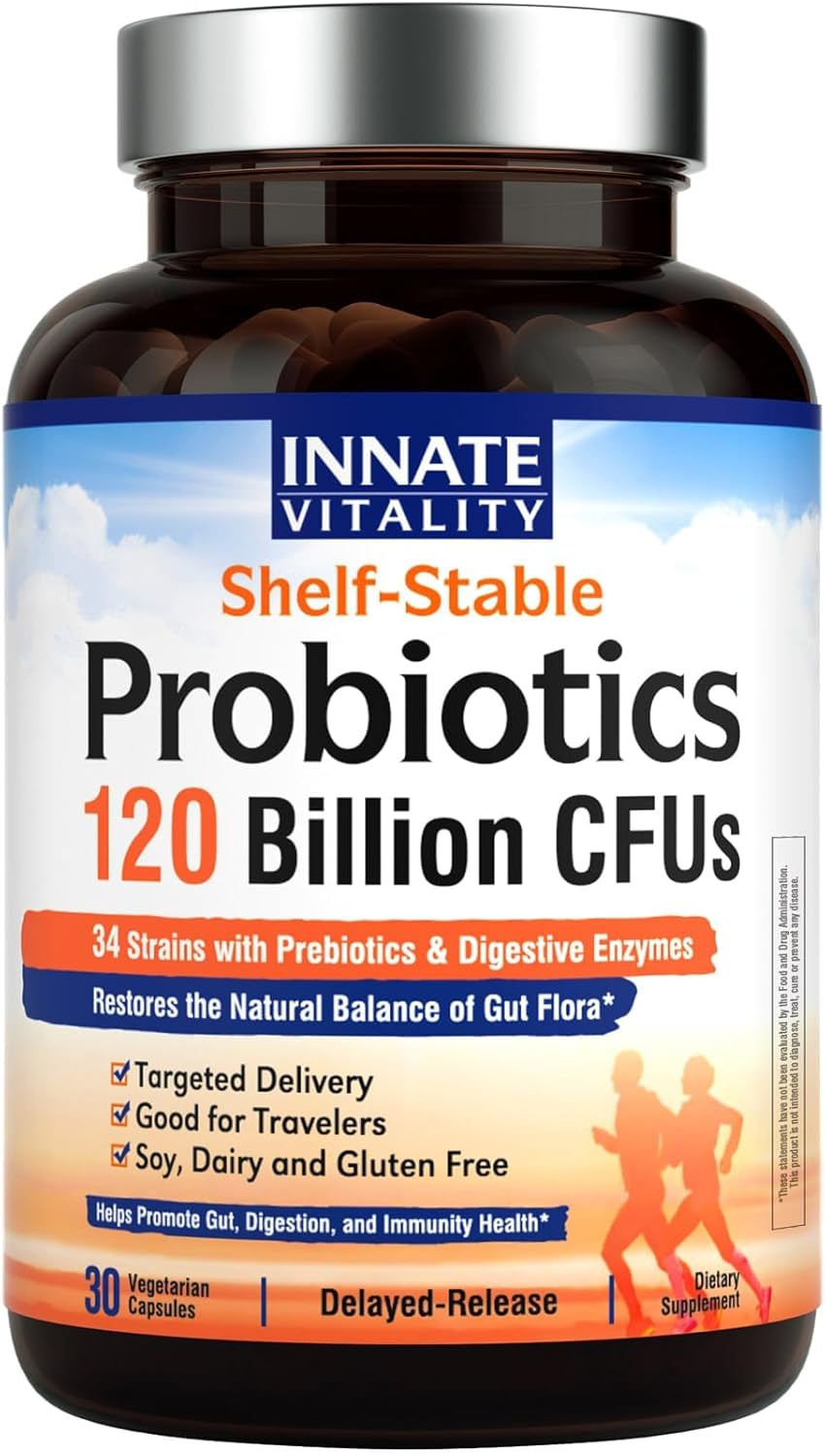 Innate Vitality Probiotics 120 Billion Cfus for Men & Women, 34 Strains with Prebiotics & Digestive Enzymes, Immune & Digestive Health, Delayed Release, Shelf Stable, 30 Vegan Capsules