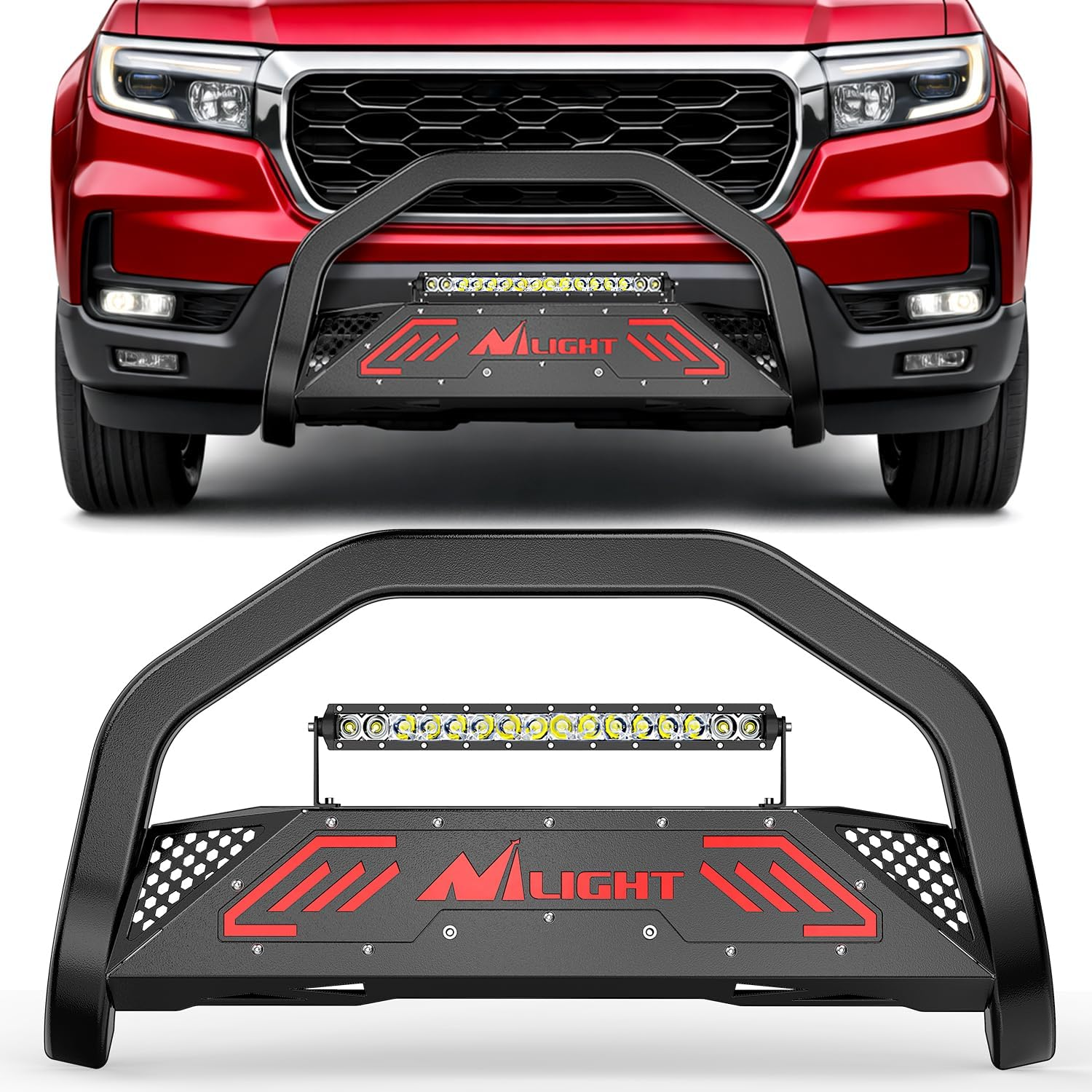 Bull Bar with Light Fits 2016-2022 Honda Pilot, 2017-2024 Ridgeline, 2018-2020 Odyssey, 2017-2022 Passport, 2014-2020 Acura MDX Front Bumper Grille Brush Guard W/Skid Plate Licence Plate Hole