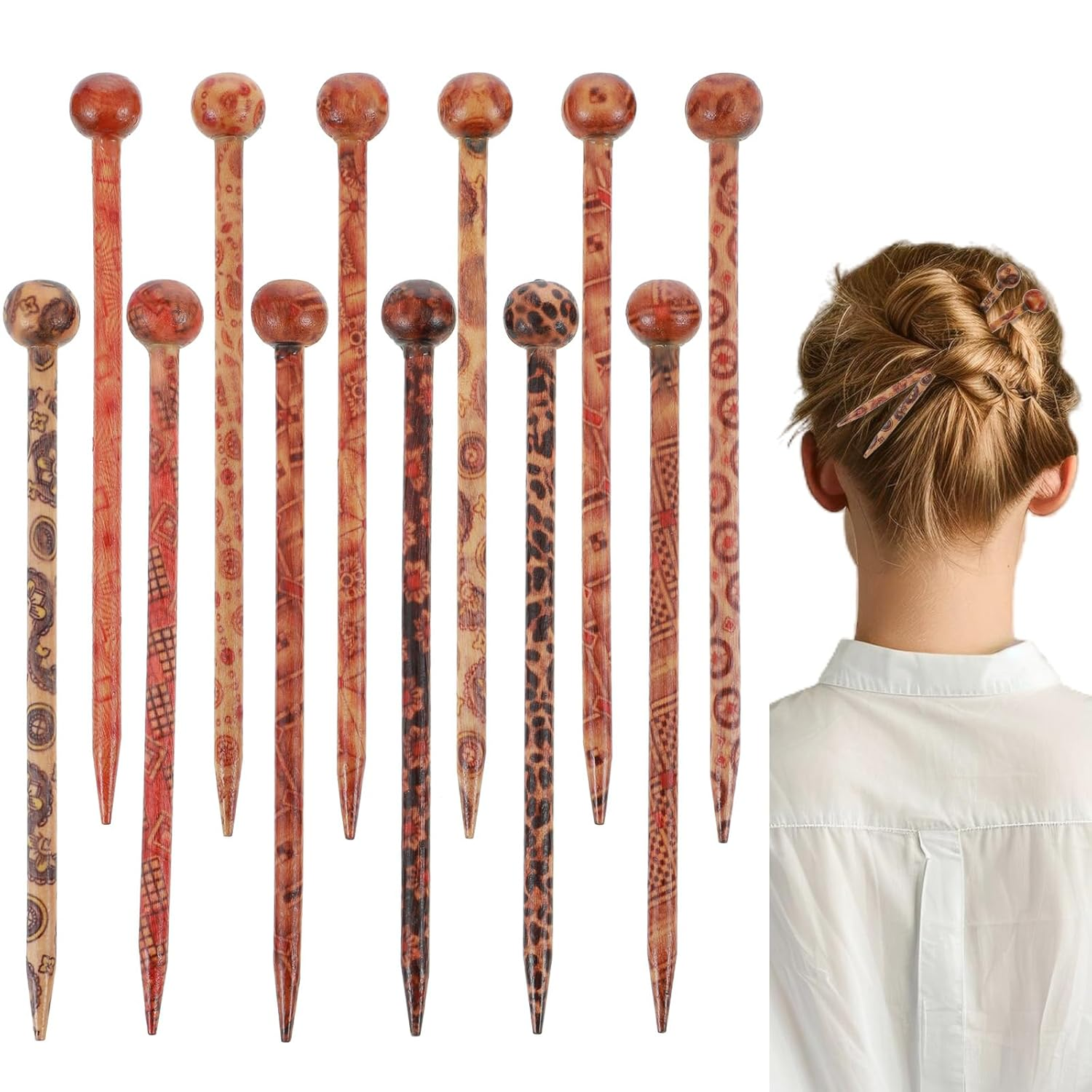 Boho Vintage Wood Hair Sticks Japanese Wooden Hair Sticks for Buns Hairpin
