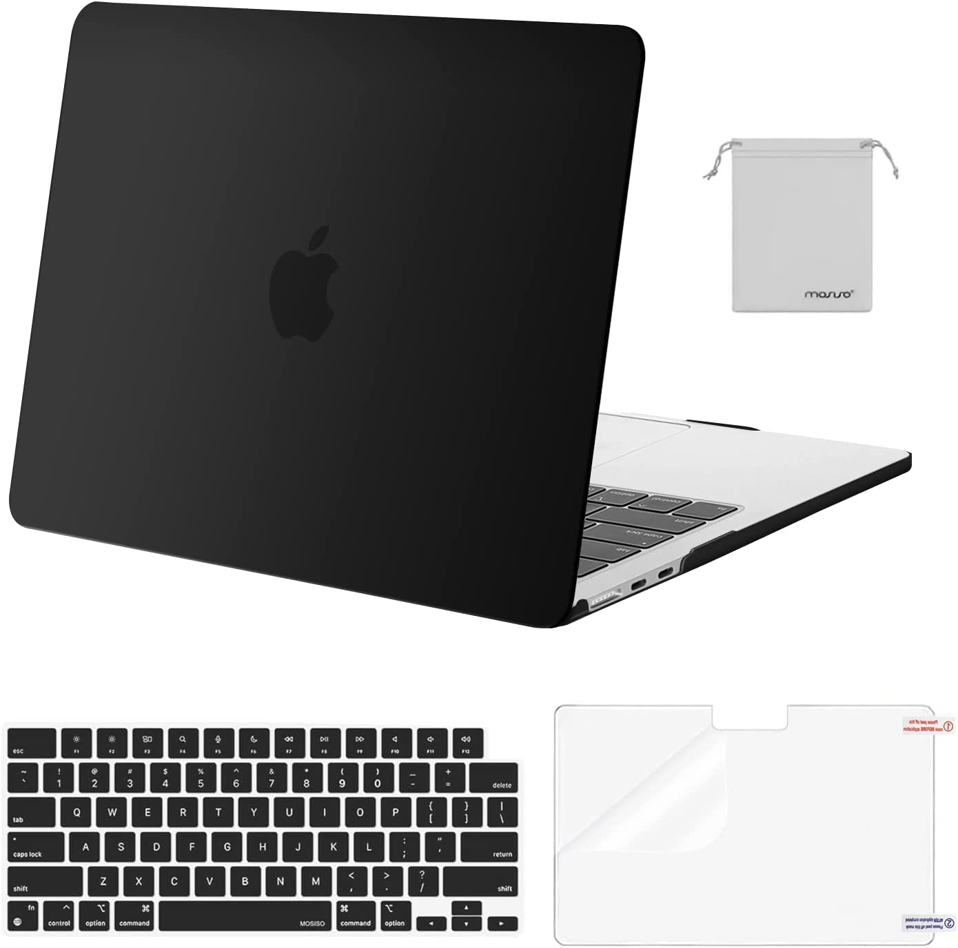 Compatible with MacBook Air 13 inch Case 2025 2024 2023 2022 M4 A3240 M3 A3113 M2 A2681, Plastic Hard Shell&Keyboard Cover&Screen Film&Pouch for MacBook Air 13.6 inch Case, Black