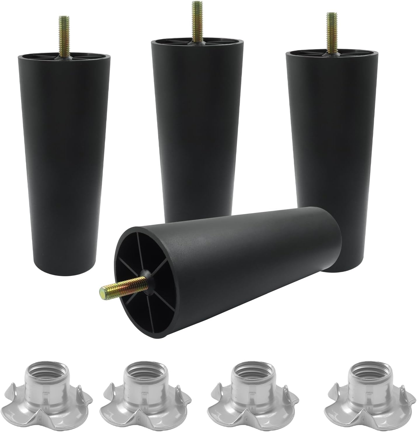 4 Pack 6 Inch Plastic Furniture Legs - round Tapered Table & Sofa Legs with M8 Hanger Bolts, Replacement for Couch, Dresser, Cabinet, Chair, Bed, Coffee Table (Black)