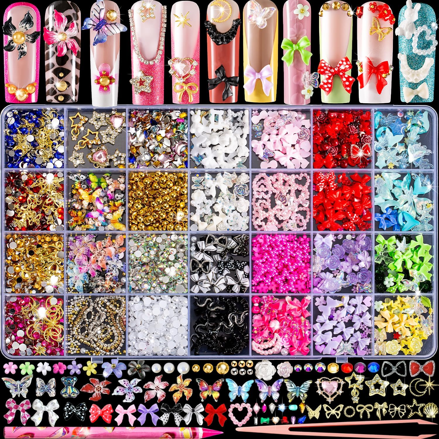 8000Pcs 3D Nail Charms and Nail Gems, Cute Nail Rhinestones and Charms Y2K for Nails Nesign, Variety Butterfly Bow Moon Star Flower Junk Case Charms Gold Pearls Nail Jewels for Nail Art Decorations
