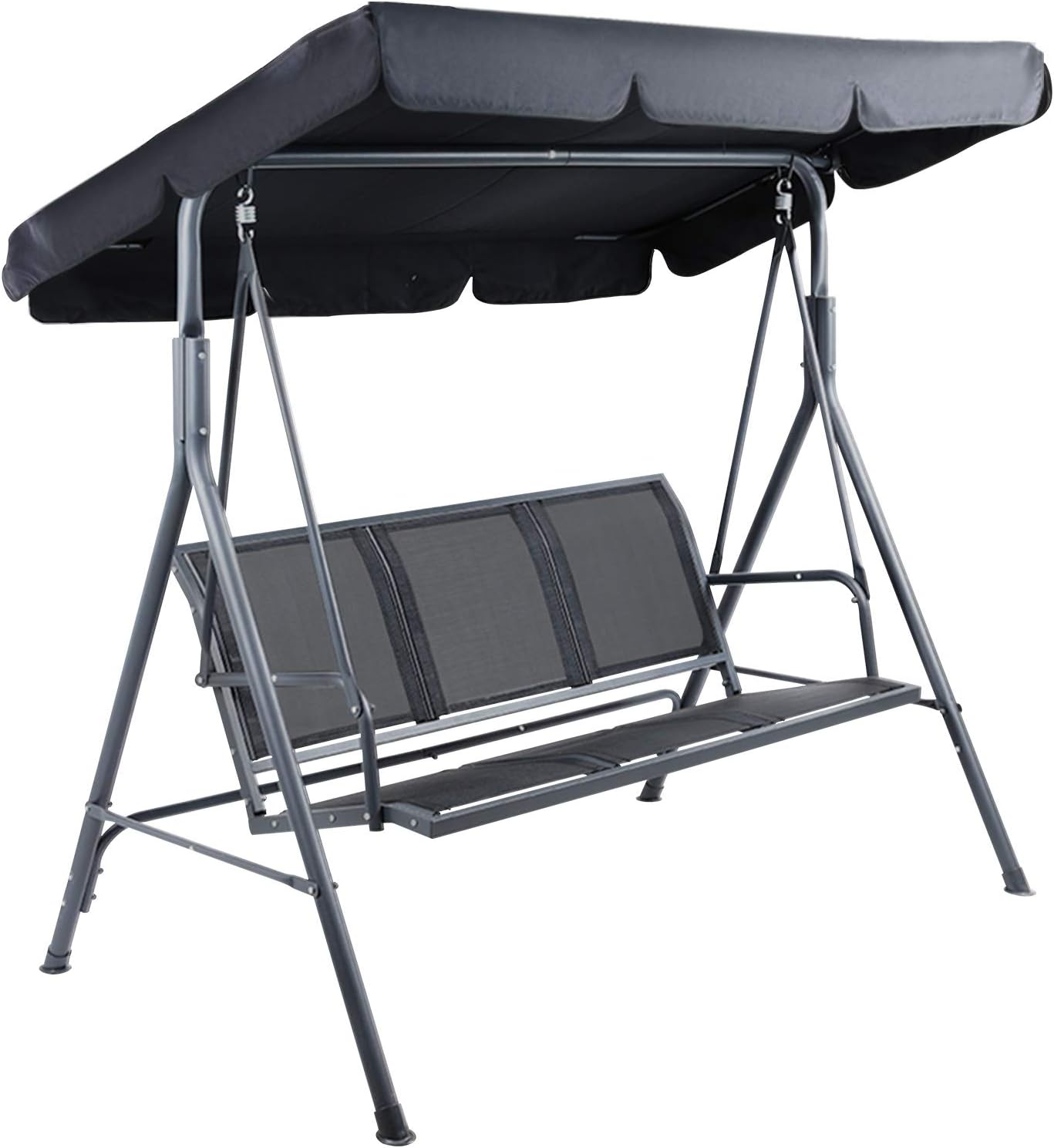 Outdoor Swing Chair 3 Seater Black Mesh Garden Bench Hanging Seat, Patio Baconly Furniture Chairs, with Adjustable Canopy Stand Water Resistant 200Kg Capacity