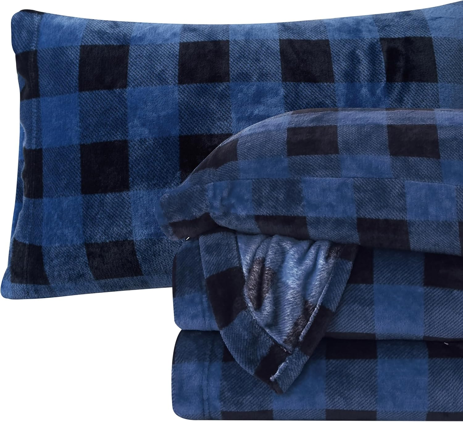 Luxuriously Soft 4-Piece Velvet Plush Flannel Sheet Set - Premium Quality - Cozy Warm, Anti-Static, Non Pilling Fuzzy Velvet Flannel Fleece Deep Pocket Sheet Set - King, Buffalo Blue