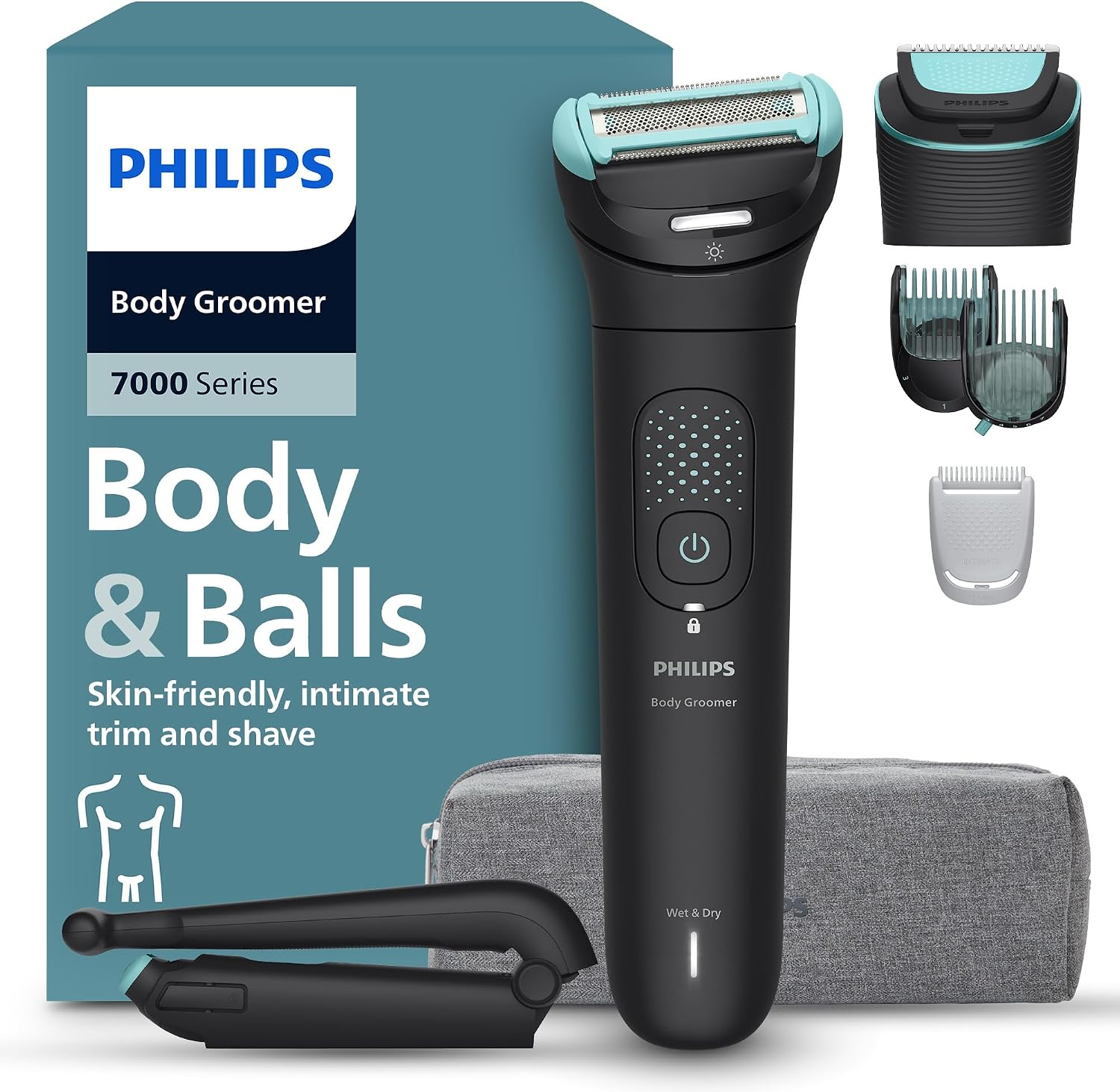 Philips Body Groomer 7000 Series - Trimmer for Men with 2D Flexing Head, Triple Protect Shave System, Interchangeable Heads, Intimate Trim & Shave, 100% Showerproof, 120 Min. Runtime, Model BG7480/15
