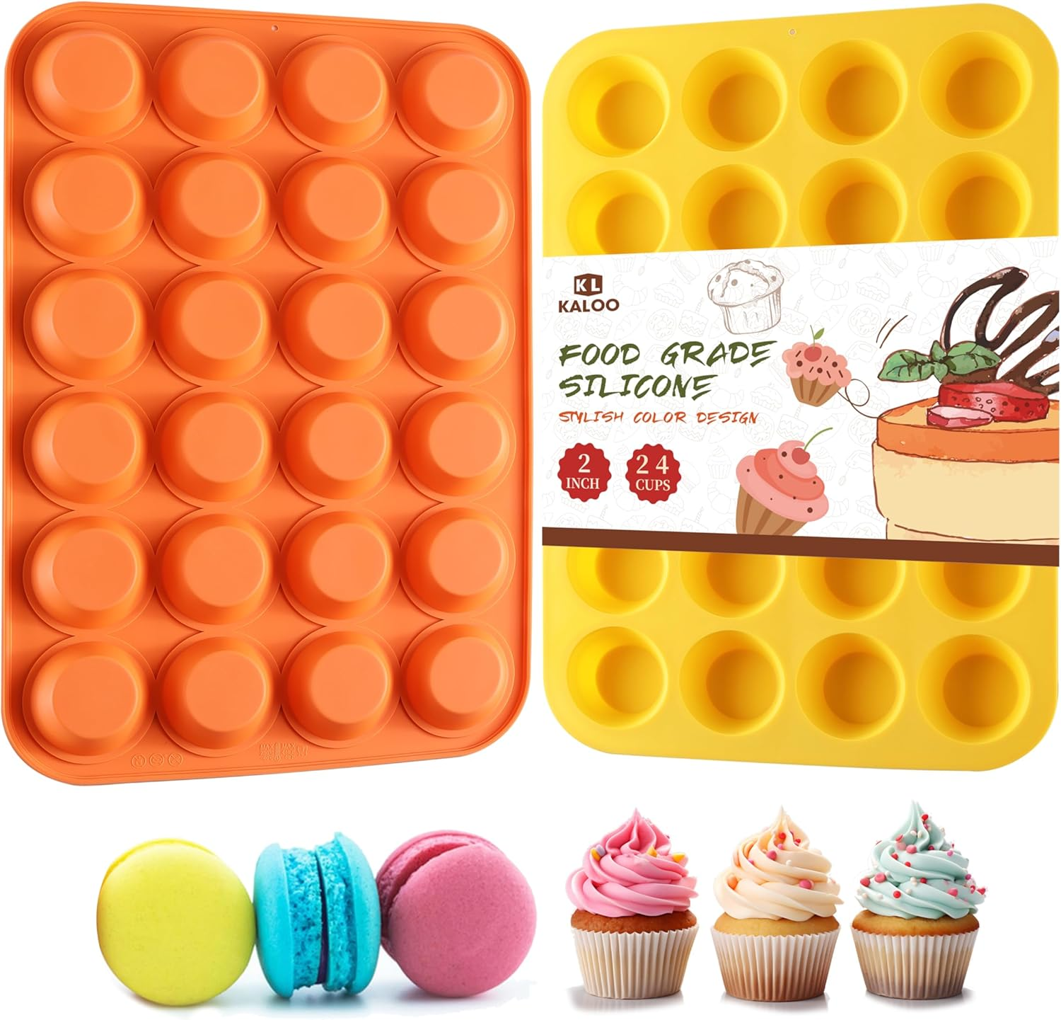 2PCS Silicone Mini Muffin Cupcake Pan, Kaloo Nonstick 24 Cups Silicone Muffin Pans for Baking, Great for Muffin, Cakes, Tart, Bread, Dishwasher Safe (Stylish Orange + Yellow, 24 Cups Each)