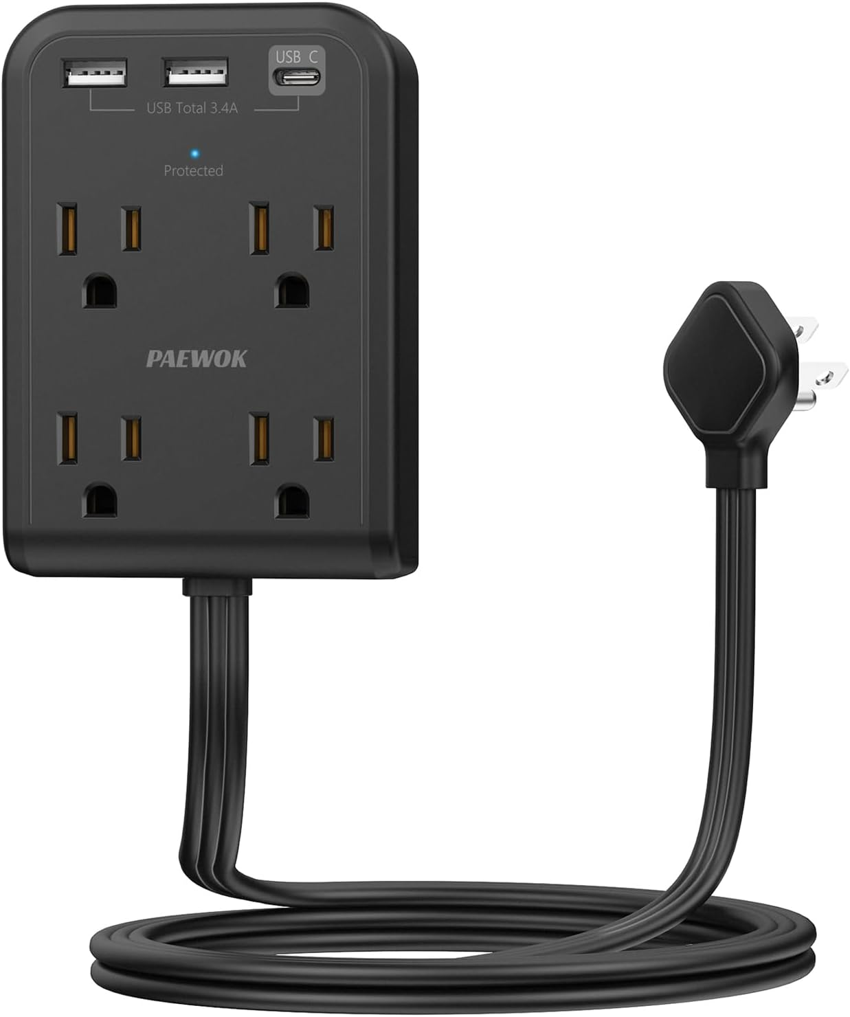 Flat Multi Plug Extender with 3 USB Wall Charger(1 Type C), 4 Outlet Wall Adapter, 4 Ft Thin Extension Cord, Flat Plug Surge Protector Power Strip for Home, Office. Black