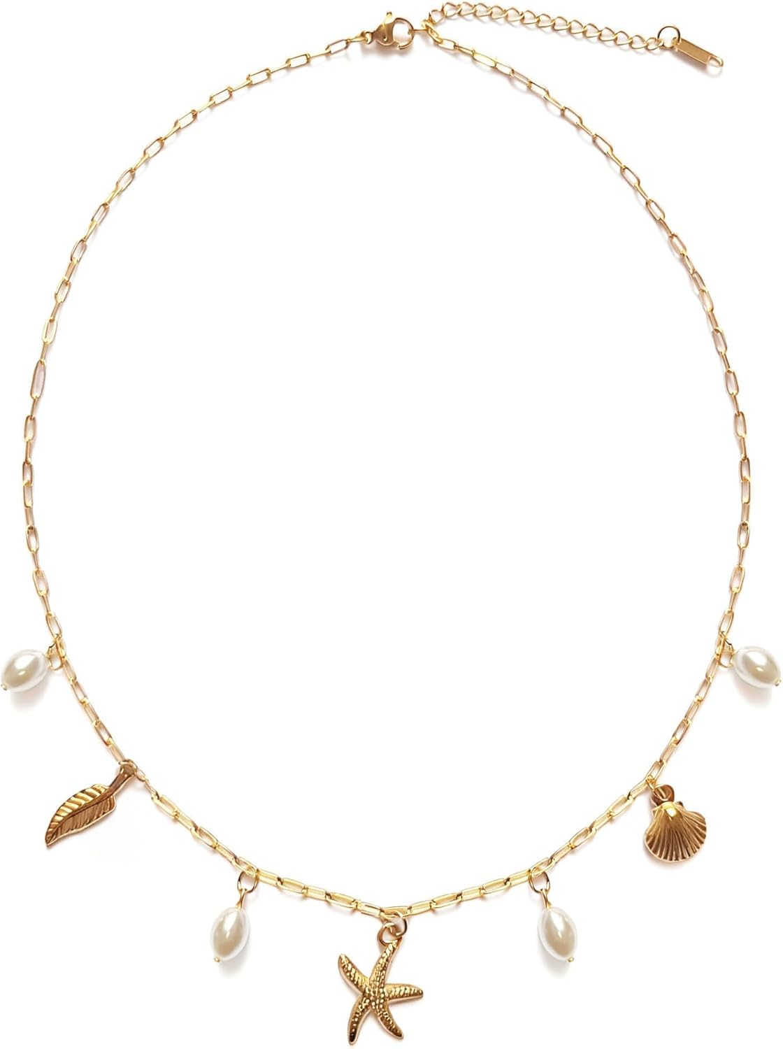 Charm Necklace for Women - Dainty Paperclip Beach Charm Necklace Cute Shell Necklace Moon Star Accessory Beach Cross Hexagram Pendant Preppy Stuff Summer Jewelry for Women