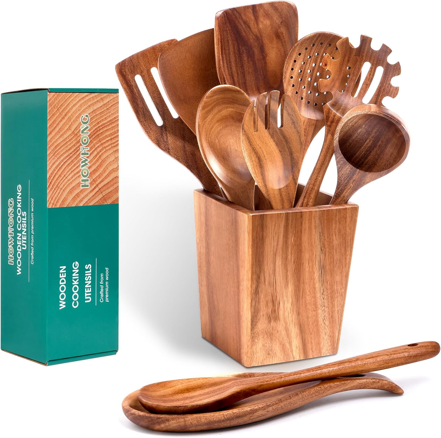 Wooden Spoons for Cooking, Premium Acacia Wood Kitchen Utensil Set, Handmade Wooden Utensils for Nonstick Cookware, Heat Resistant, Smooth Finish, Comfortable Grip, with Holder, Gift Ready