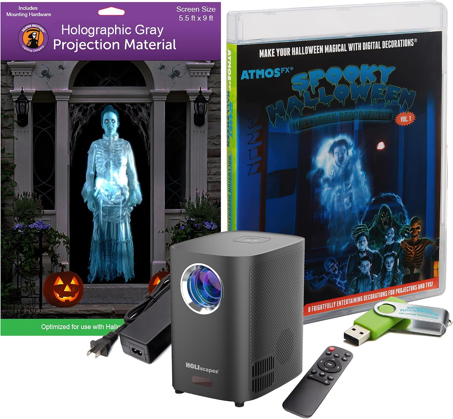 Holiscapes® USB Projector Kit - Spooky Halloween Hollusion + Projector + 5.5 Ft X 9 Ft Projection Screen