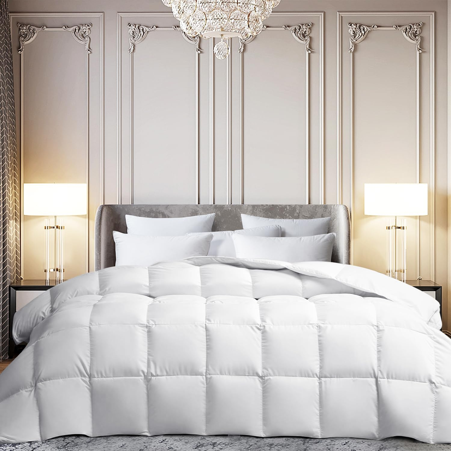 Martha Stewart White Goose Feather down Fiber Comforter King Size- All Season Duvet Insert, Noiseless Fabric with 60Oz Filled Luxury Cloud Fluffy Bed Comforter with 8 Corner Loops, White 106X90Inch