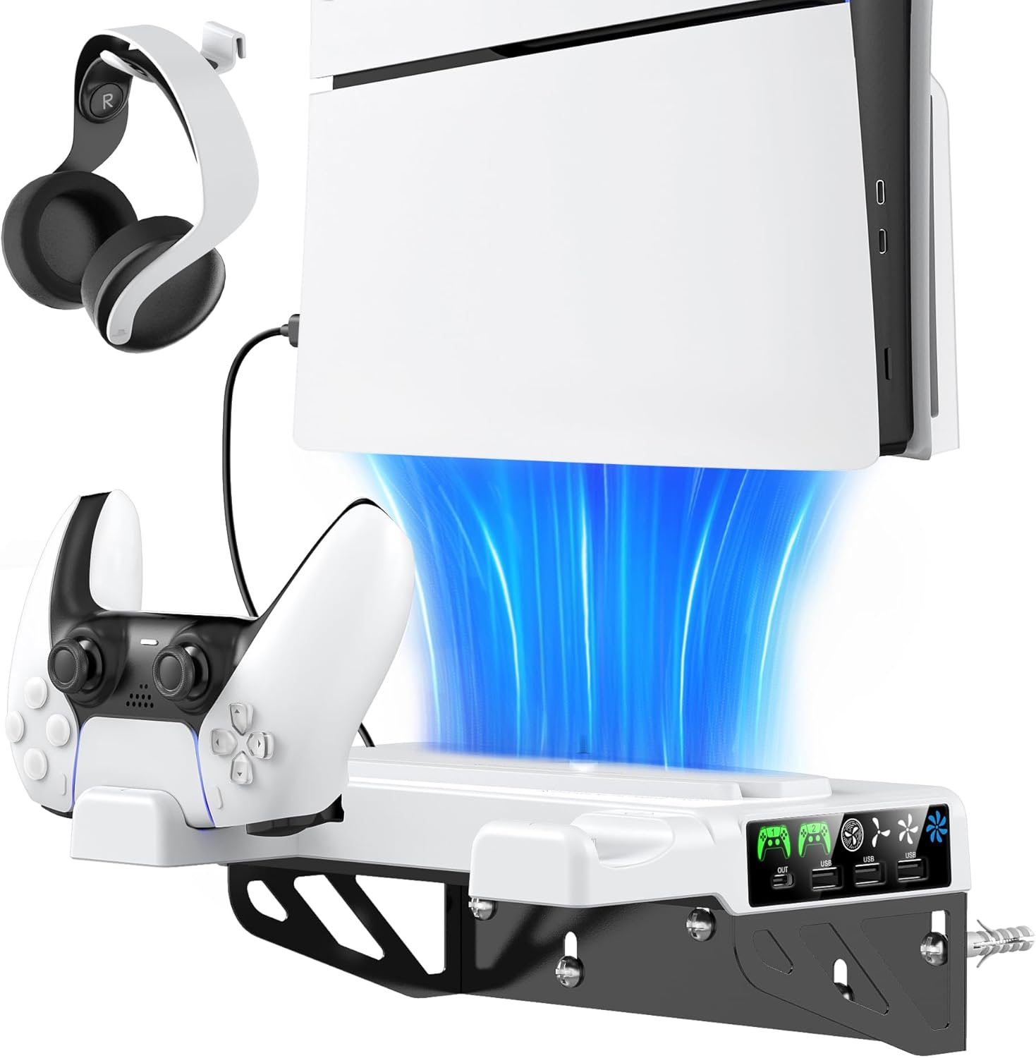 Ps5/Slim/Pro Wall Mount Kit with Cooling Fan & Charging Station, PS5 Shelf Floating Mount for All Playstation 5/Slim/Pro Disc & Digital Console, PS 5 Wall Bracket behind TV, PS Five Pro Accessories
