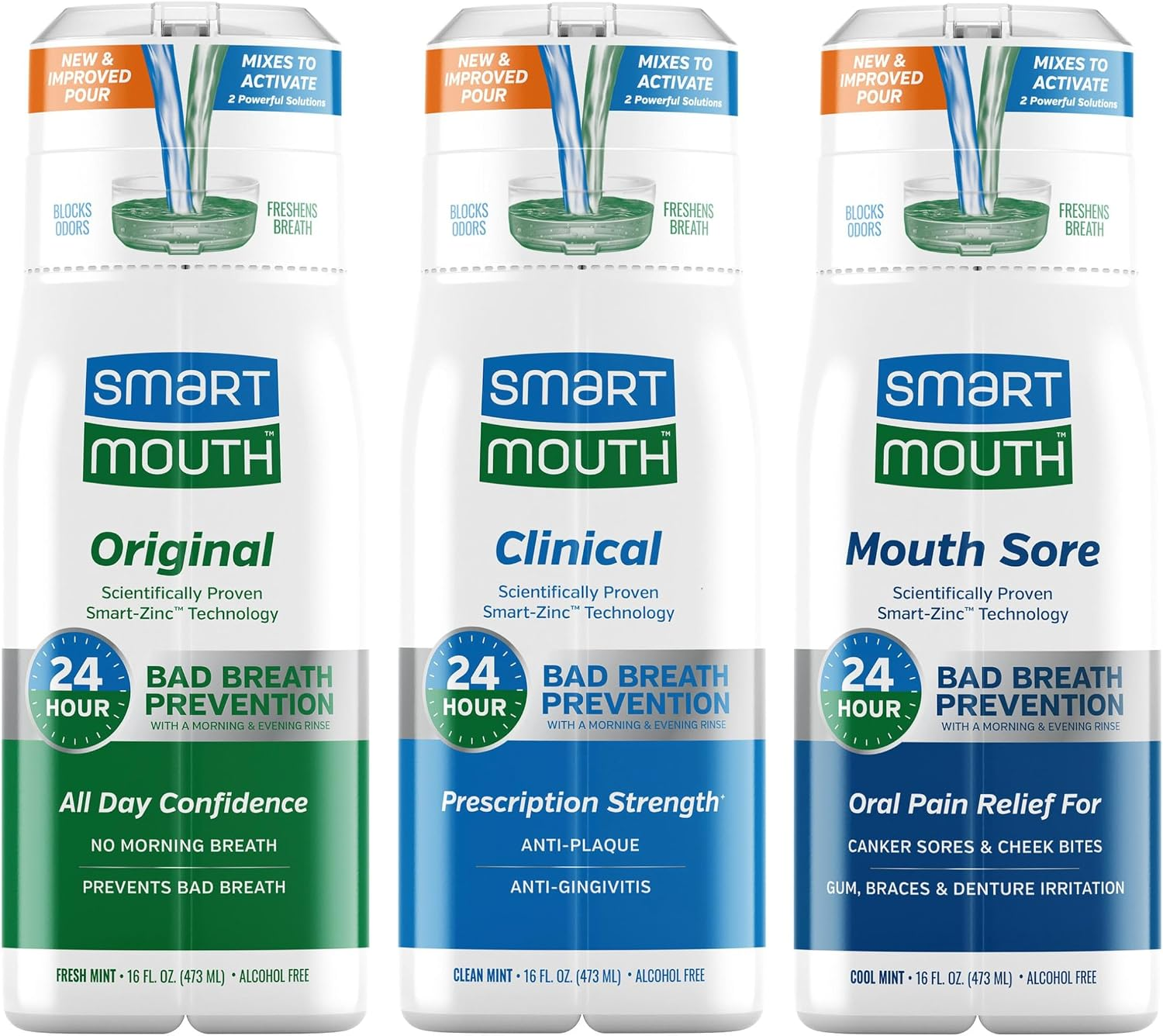 Smartmouth Original, Mouth Sore & Clinical Mouthwash Bundle, 16 Fl Oz Each