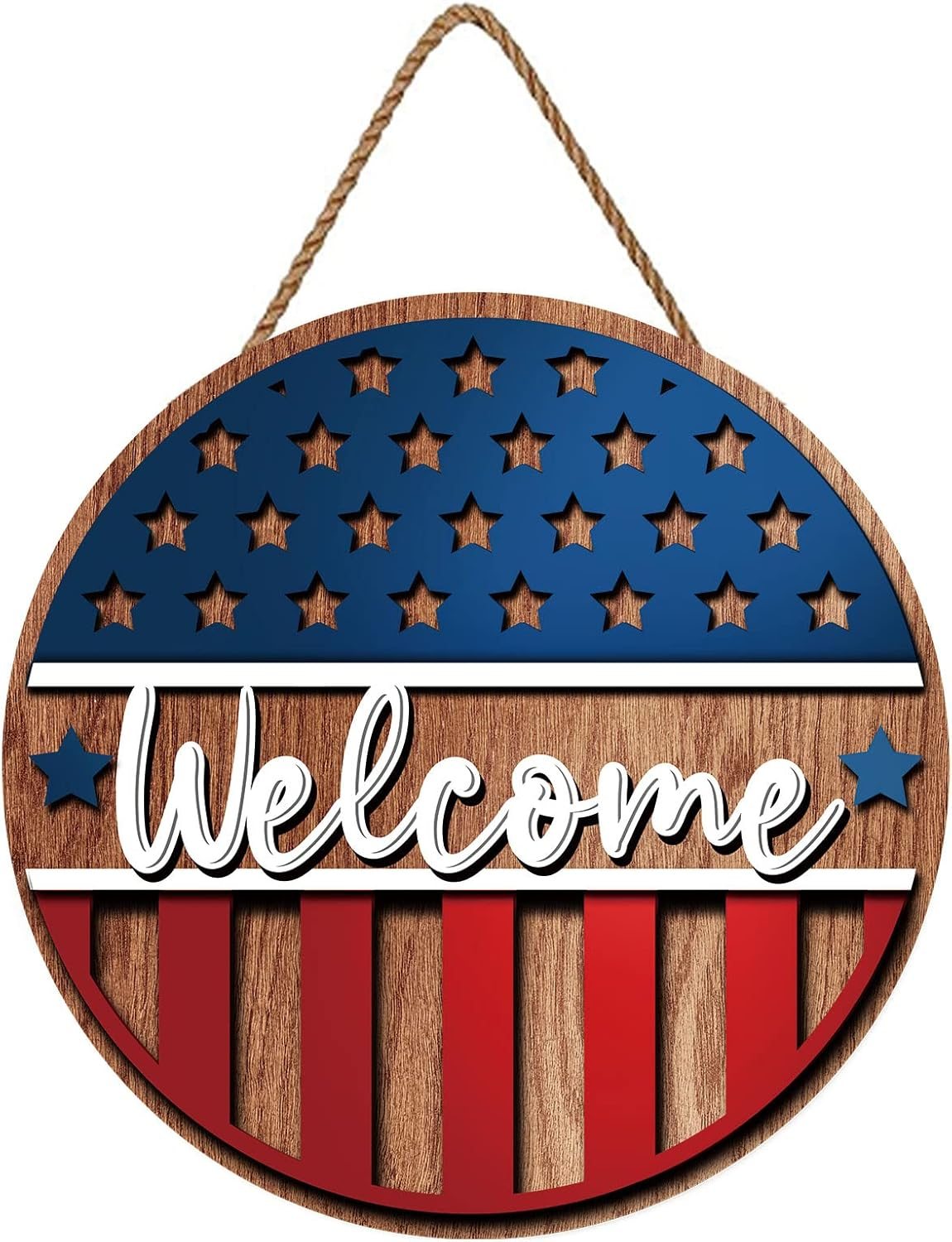 4Th of July Patriotic Welcome Sign 3D Wooden Hanging Sign Stars and Stripes Door Wall Decorations for Independence Day Memorial Day Wreaths Home Coffee Shop Bakery Farmhouse Window