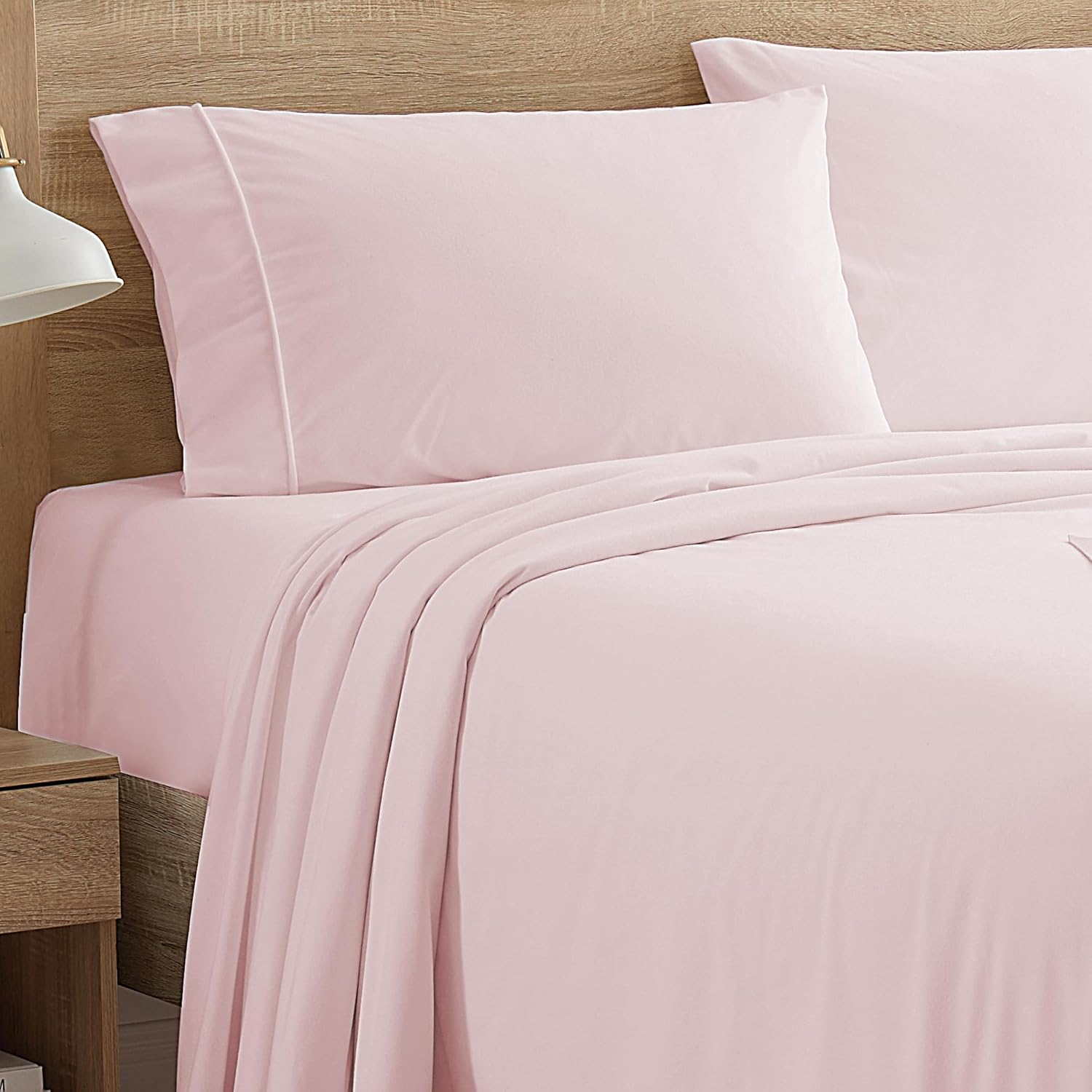 Flannel Sheets Queen Size Warm and Cozy Deep Pocket Breathable All Season Bedding Set with Fitted with Full Elastic & Built in Corner Sheet Straps, Flat and Pillowcases, Queen, Pale Pink