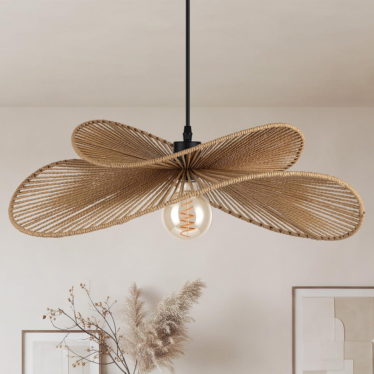 22.8" Large Boho Rattan Pendant Light, Handwoven Wicker Hanging Lamp, Natural Wave Design Dining Room Light Fixture, Ceiling Pendant Light for Kitchen Island, Coastal Chandelier, 52" Adjustable Cord