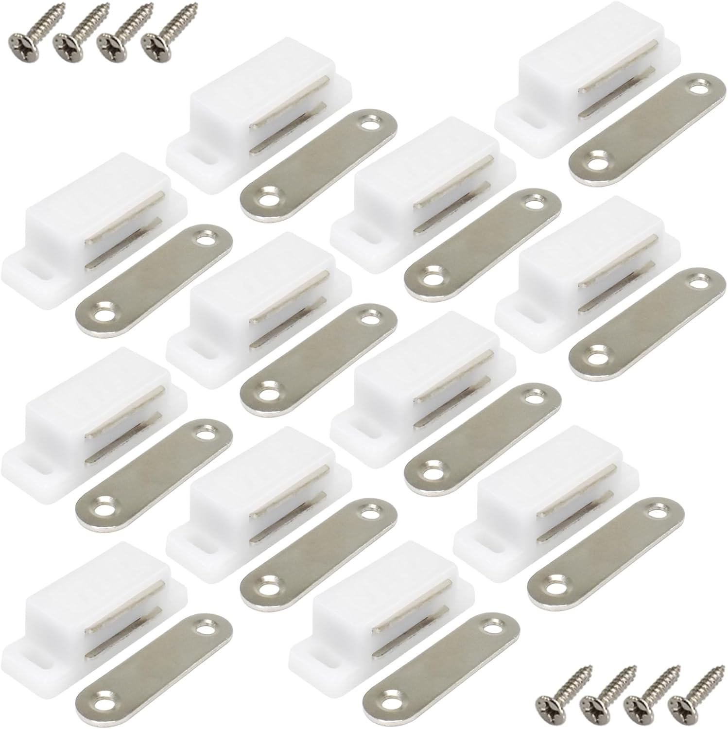 12Pack Plastic Cabinet Magnetic Door Catch with Screws for Kitchen Bathroom Cupboard Wardrobe Closet Closures Cabinet Door Drawer Latch 15Lb (White)