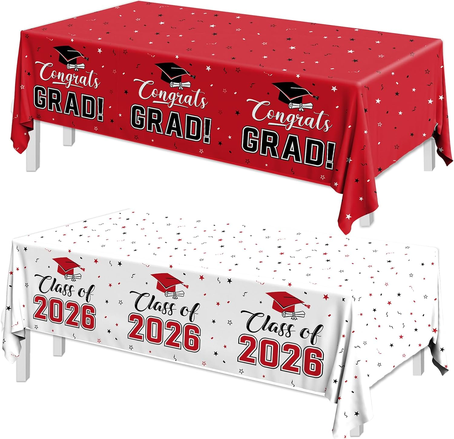 2026 Graduation Decorations,Congrats Grad Tablecloth 2Pcs White Red Class of 2026 Table Covers Rectangle for Graduation Party Supplies,108X54Inch(Red)