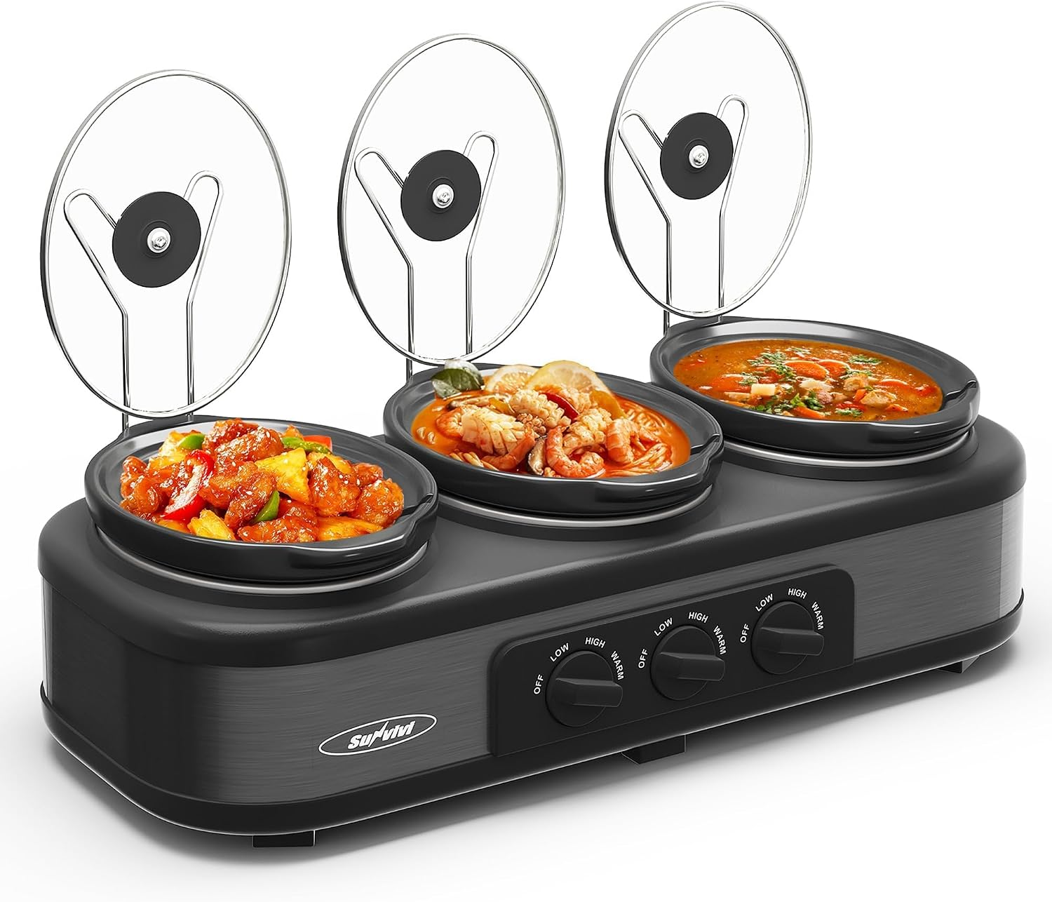 Triple Slow Cooker, Buffet Food Warmer with 3 * 1.5 Quarts Removable Ceramic Pots, Buffet Servers and Warmers with Glass Lids and 3 Spoons, Stainless Steel, Grey