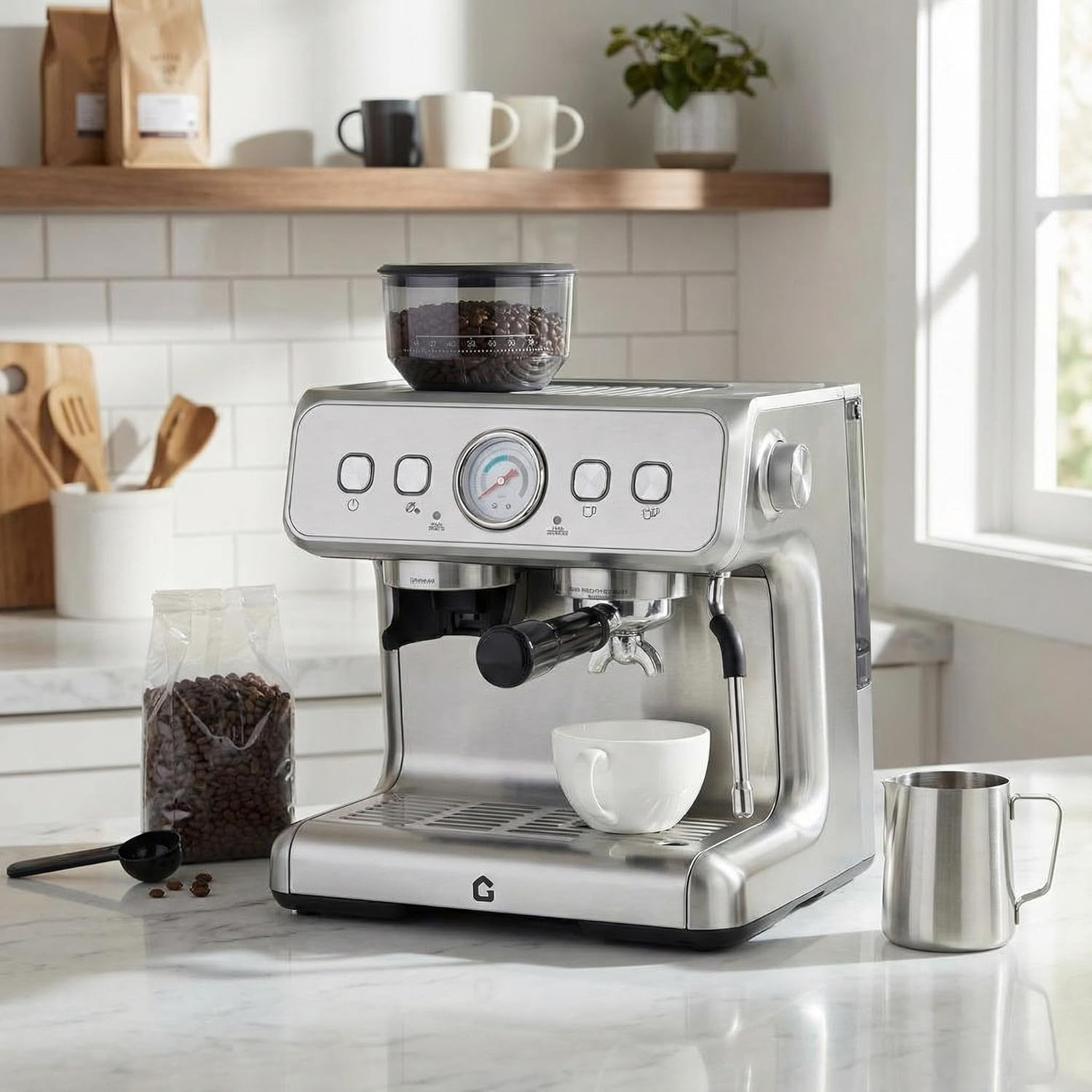 Professional Espresso Machine with Grinder & Milk Frother, Silver