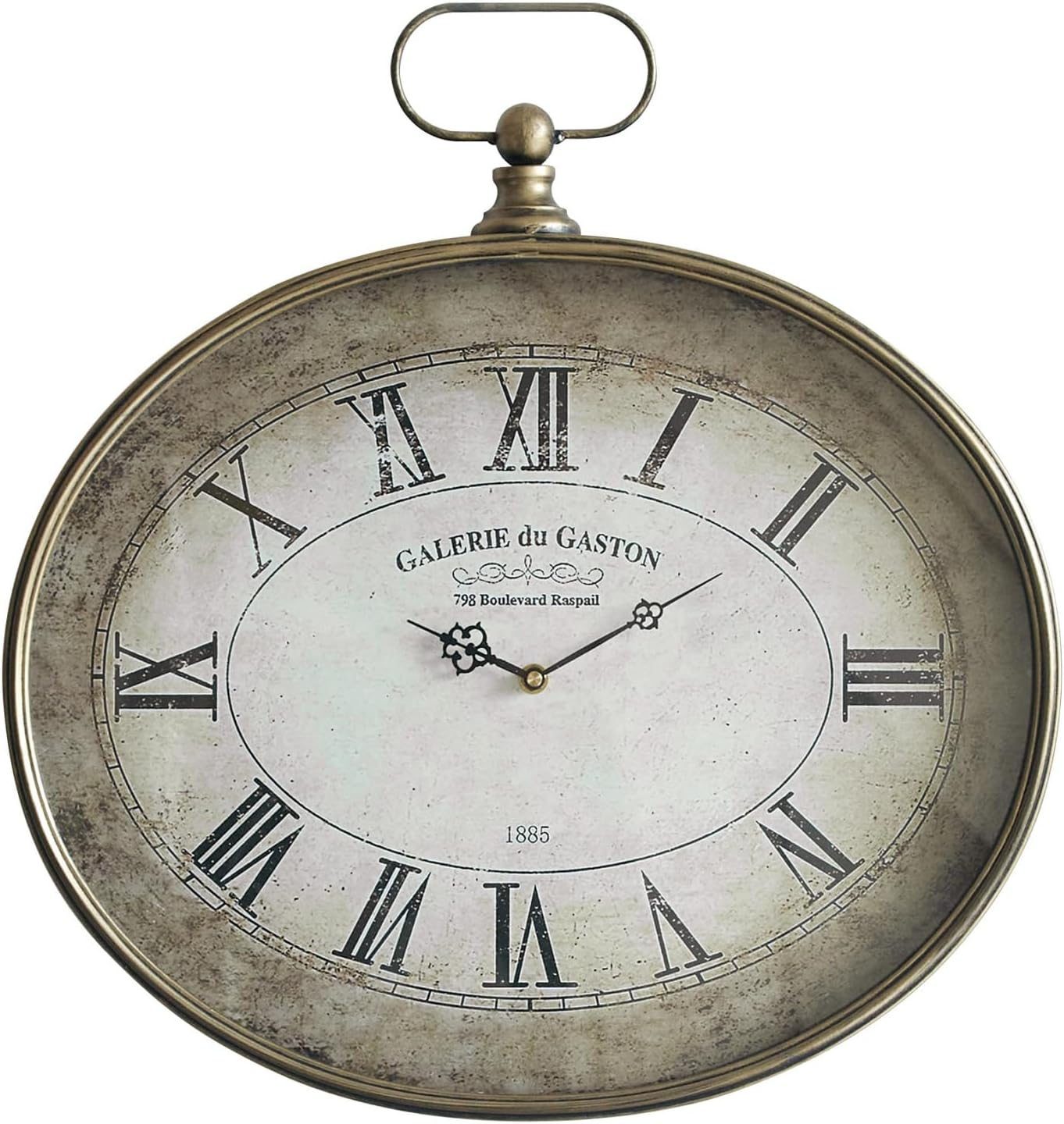 Large Vintage Wall Clock - 20 Inch, Distressed Gold, Oval Pocket Watch Design, Roman Numerals, Battery Operated, Antique Decorative Wall Clock for Living Room, Entryway, Kitchen, Bedroom
