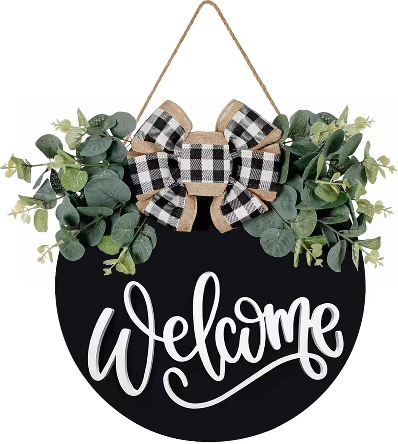 Welcome Sign for Front Door Porch Decor Farmhouse Wreath Wall Decor Φ30Cm round Wooden Hanging Housewarming Home Decor for Home Outdoor Indoor (Black)