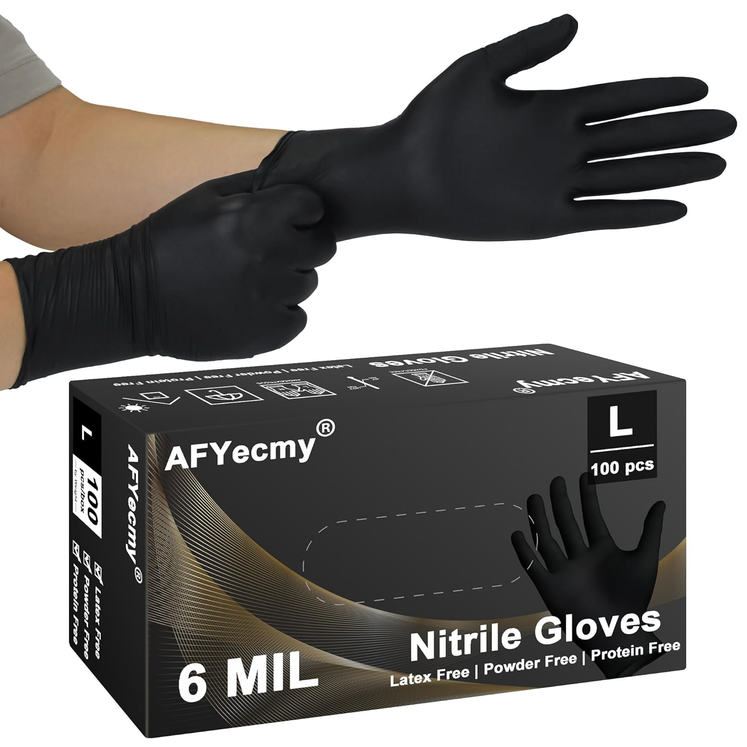 100 Count Black Nitrile Gloves Large 6 Mil Heavy Duty Powder & Latex Free Food Safe