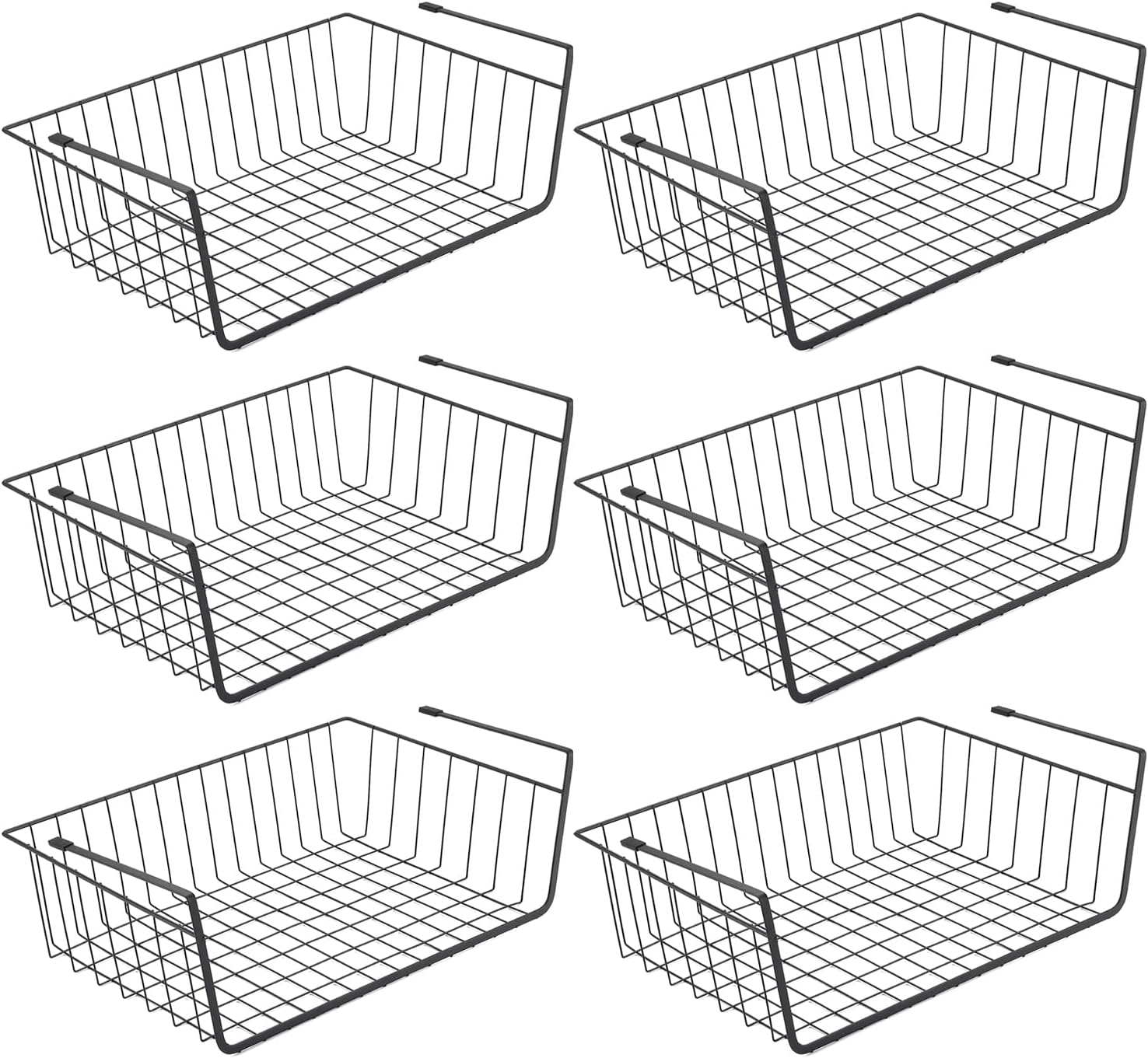 Under Shelf Basket, 6PCS Hanging Storage Basket for Pantry Cupboard Laundry Room Slide-In Baskets Organizer for Kitchen Counter Desk Bookshelf, Space Saving, Easy to Install, Black