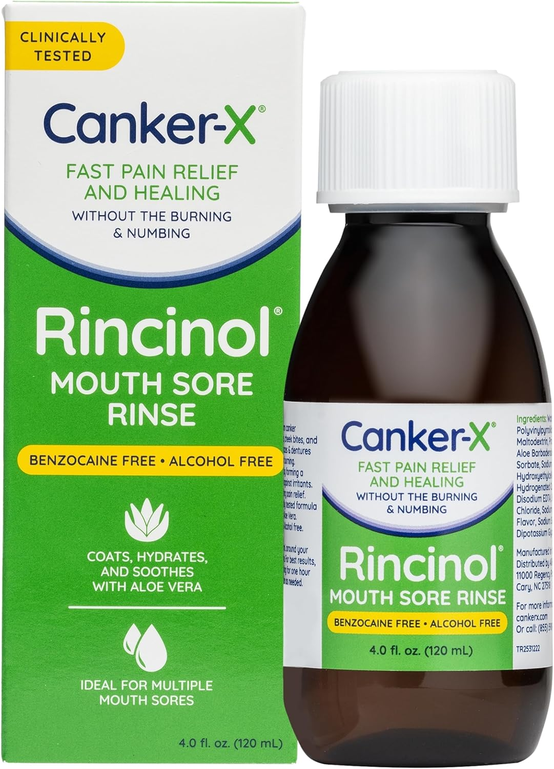 Rincinol Oral Rinse Mouthwash, Quick Pain Relief from Canker Sores, Mouth Burns & More, Benzocaine Free & Alcohol Free Mouthwash, Adults & Kids 6+ Years, 4.0 Fl. Oz.