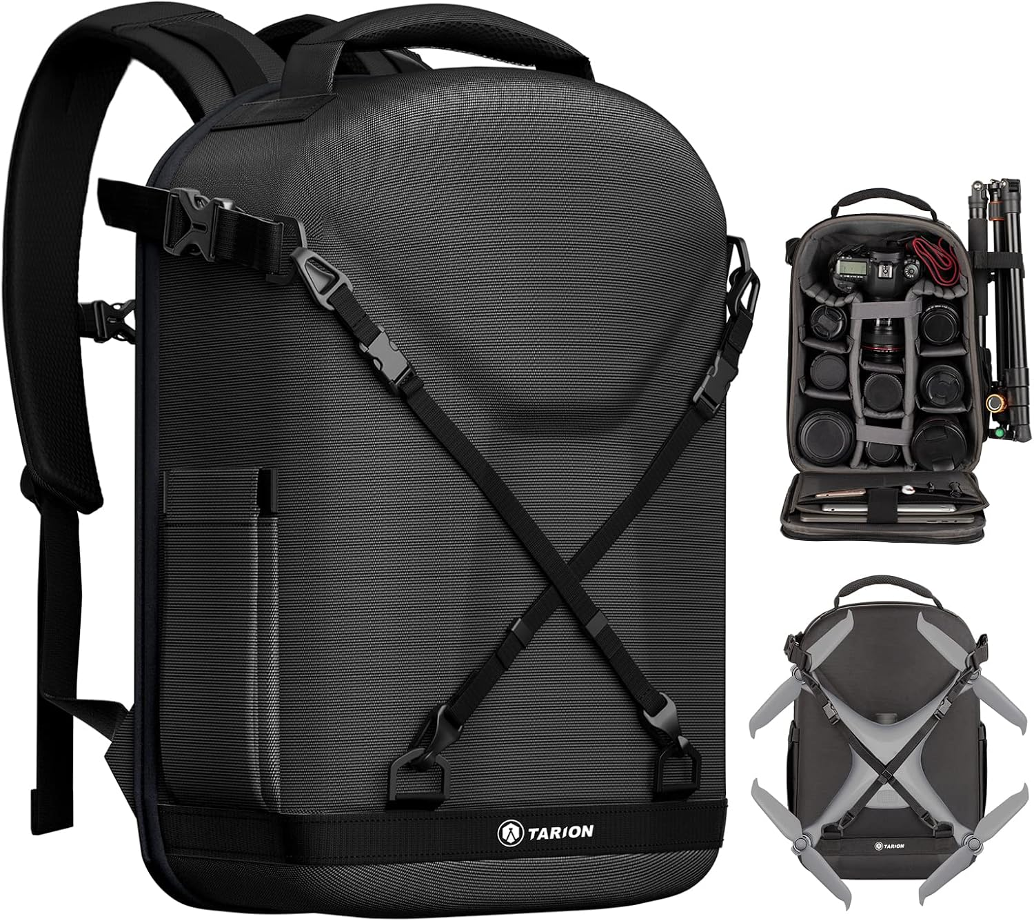 Hardshell Camera Backpack: 3-Side Hard Case Photography Bag DSLR Backpack with Waterproof Raincover, Laptop/Tripod Compartment for Men Women Photographers - Black