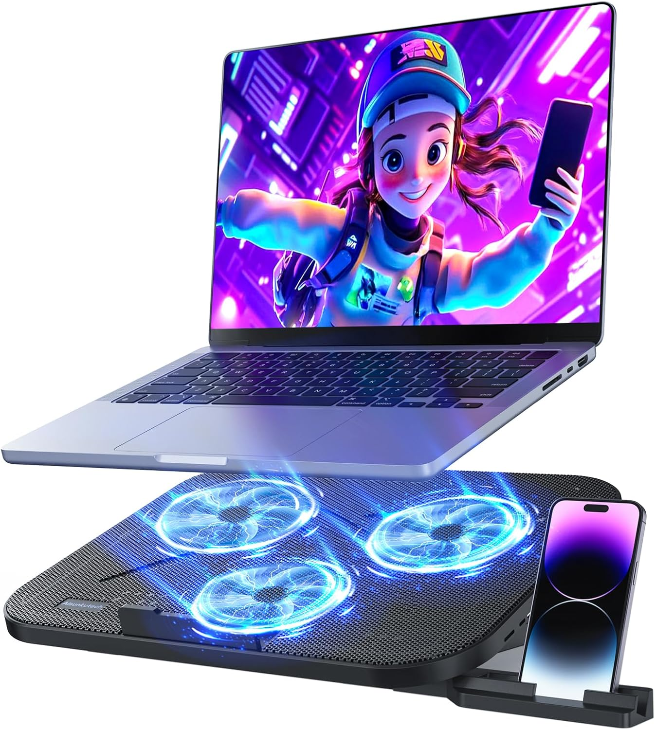 Laptop Cooling Pad with 3 Quiet Fans, 5-Level Height Adjustable Ergonomic Stand, 2 USB Ports & Phone Holder, Fits 12-17 Inch Laptops, Family-Friendly for Gaming/Work/Online Class, Ideal Gift