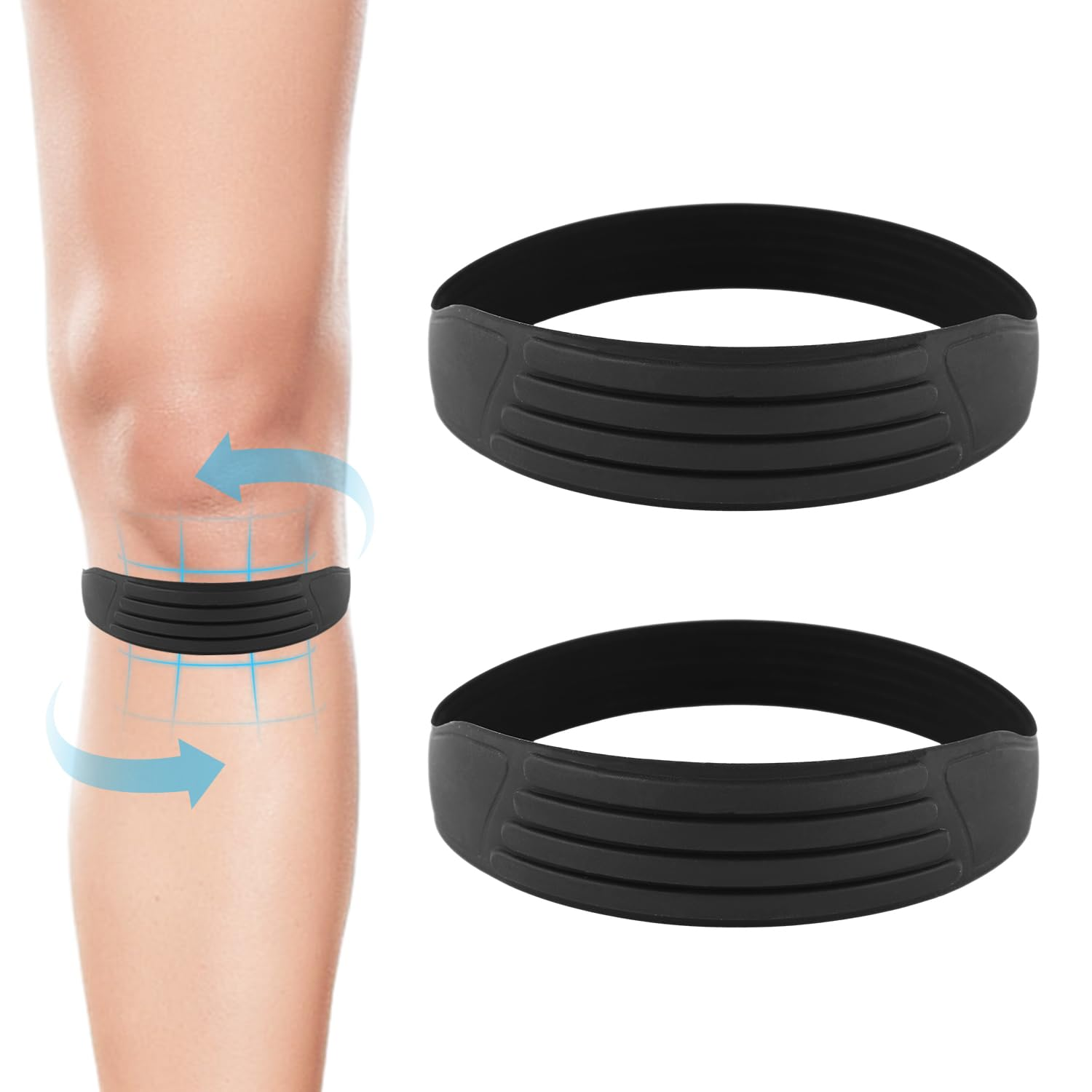 2Pcs Patellar Tendon Support Strap, Silicone Patella Knee Strap Flexible Knee Band Reduce Pain Soft Knee Brace for Jumper Running Sports Basketball Men Women (Black)