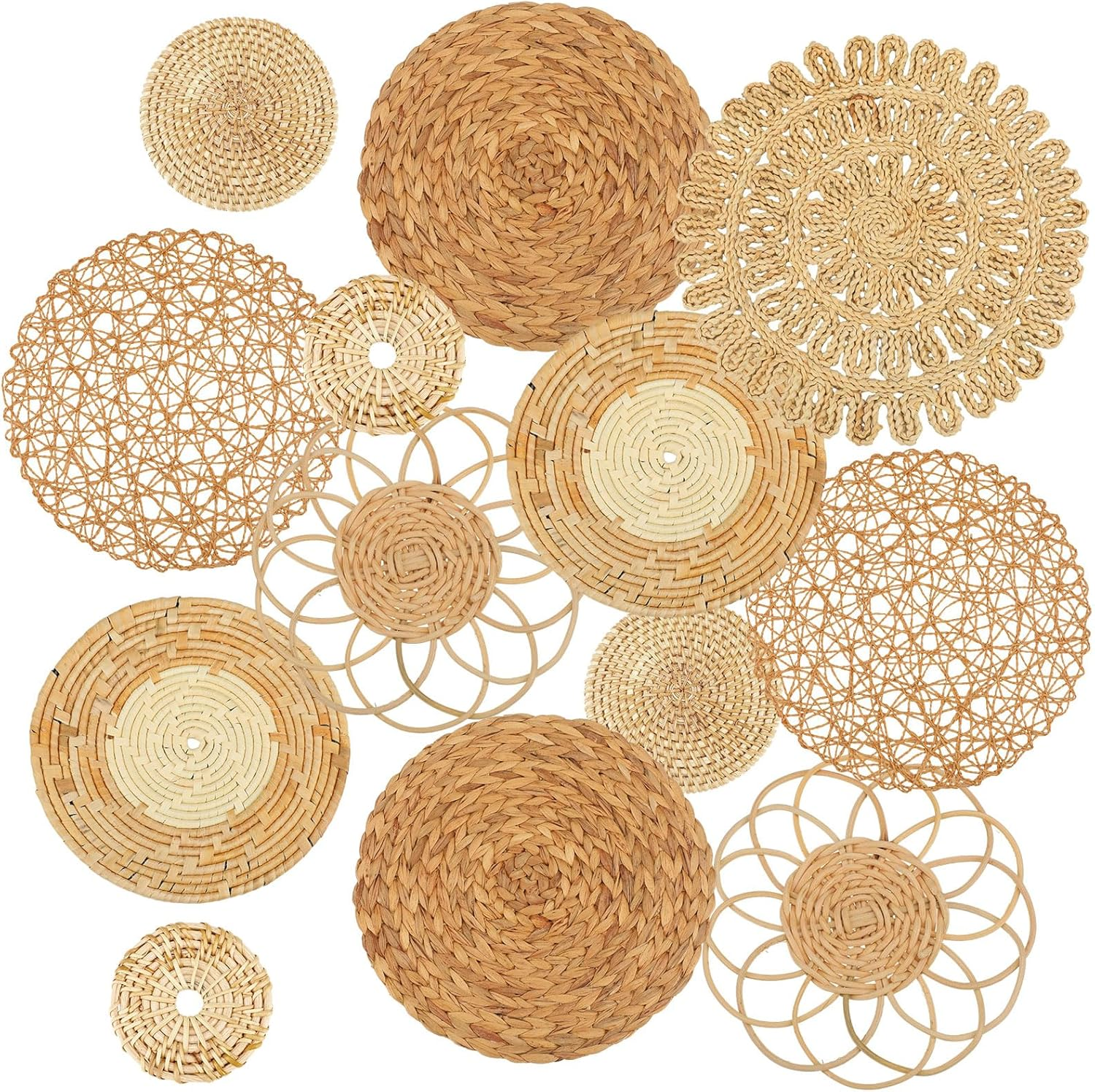 Set of 13 Boho Wall Basket Decor Woven Rattan Flat Wall Baskets Handmade Boho Wicker Bamboo Seagrass Wall Hanging Decor for Bedroom Living Room Dining Room Office Ready to Hang(Classic)