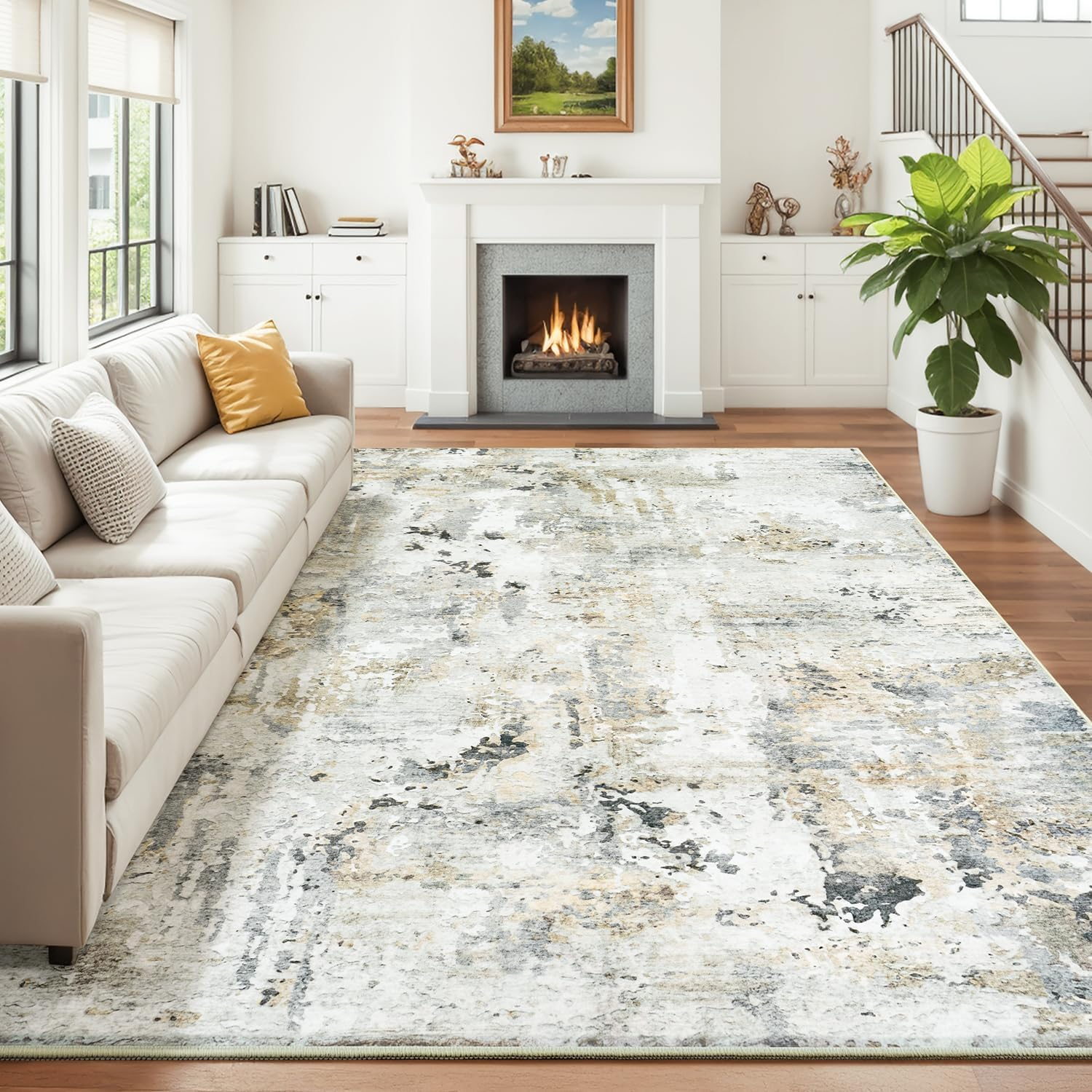8X10 Area Rugs for Living Room, Abstract Neutral Large Washable Rug, Indoor Soft Non-Slip Floor Carpet for Bedroom Dining Room Home Decor, Brown/Grey